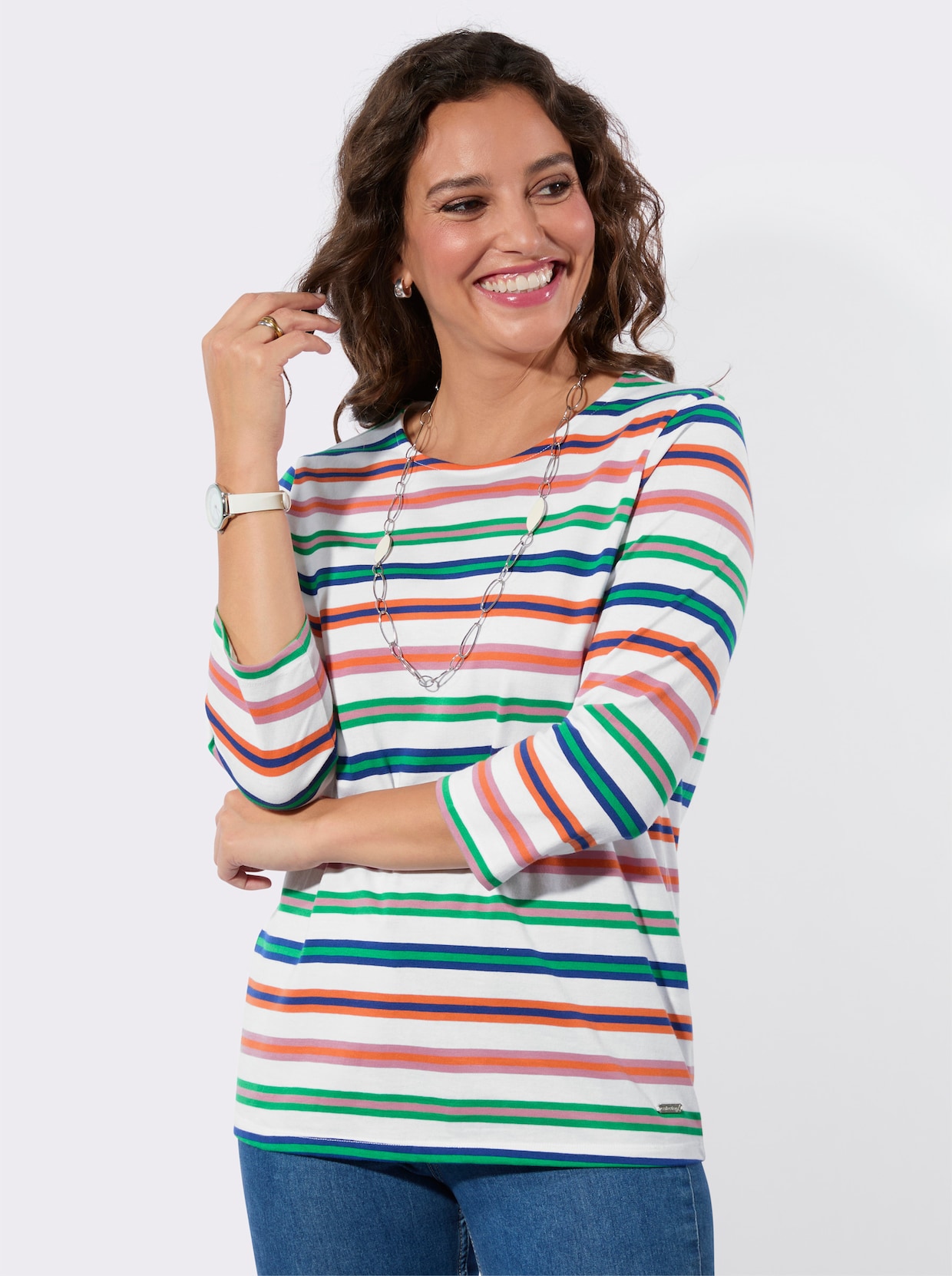 Rundhalsshirt - ecru-altrosa-geringelt