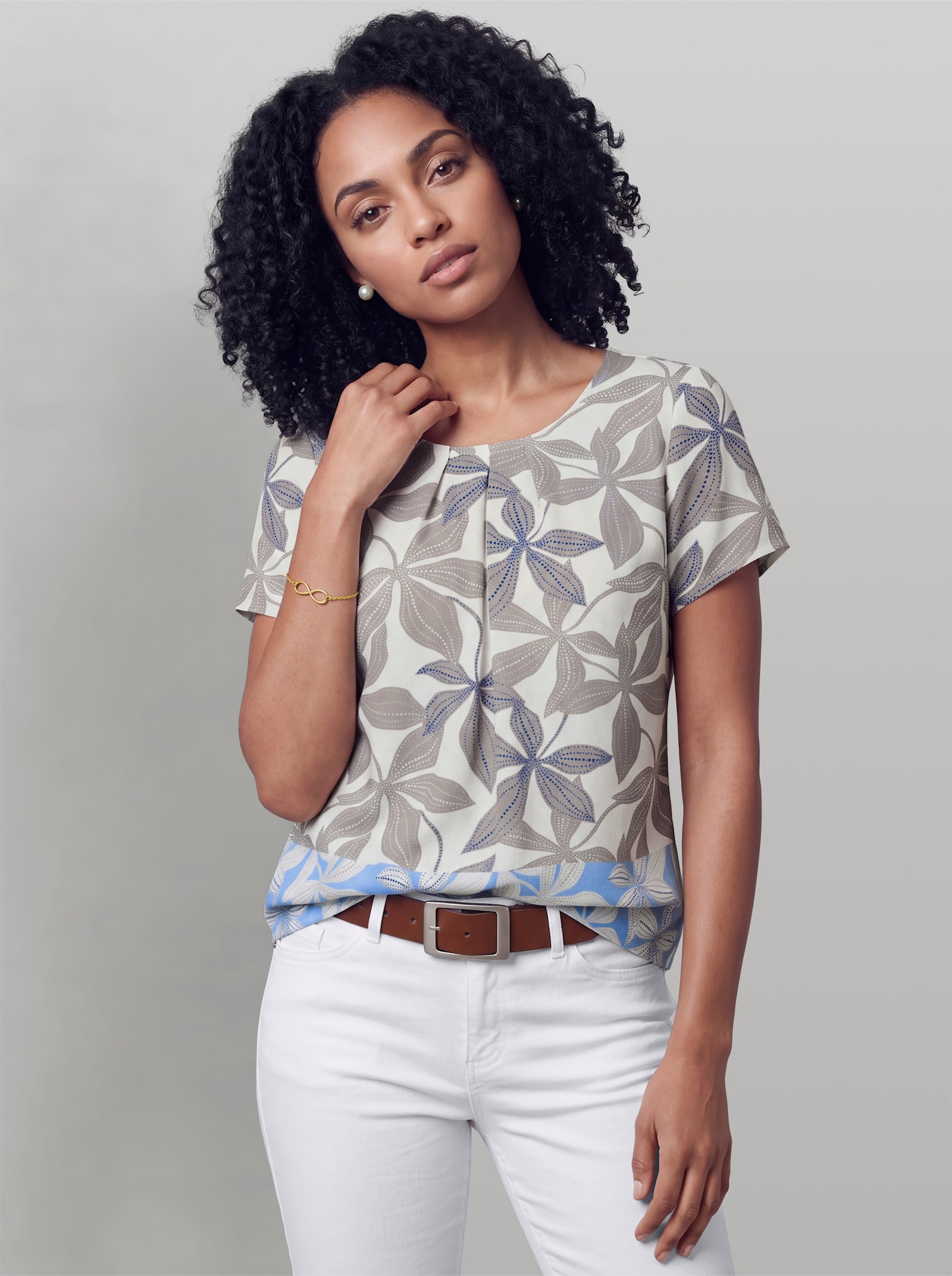 heine Druckbluse mit Seitenschlitzen - taupe-himmelblau-bedruckt