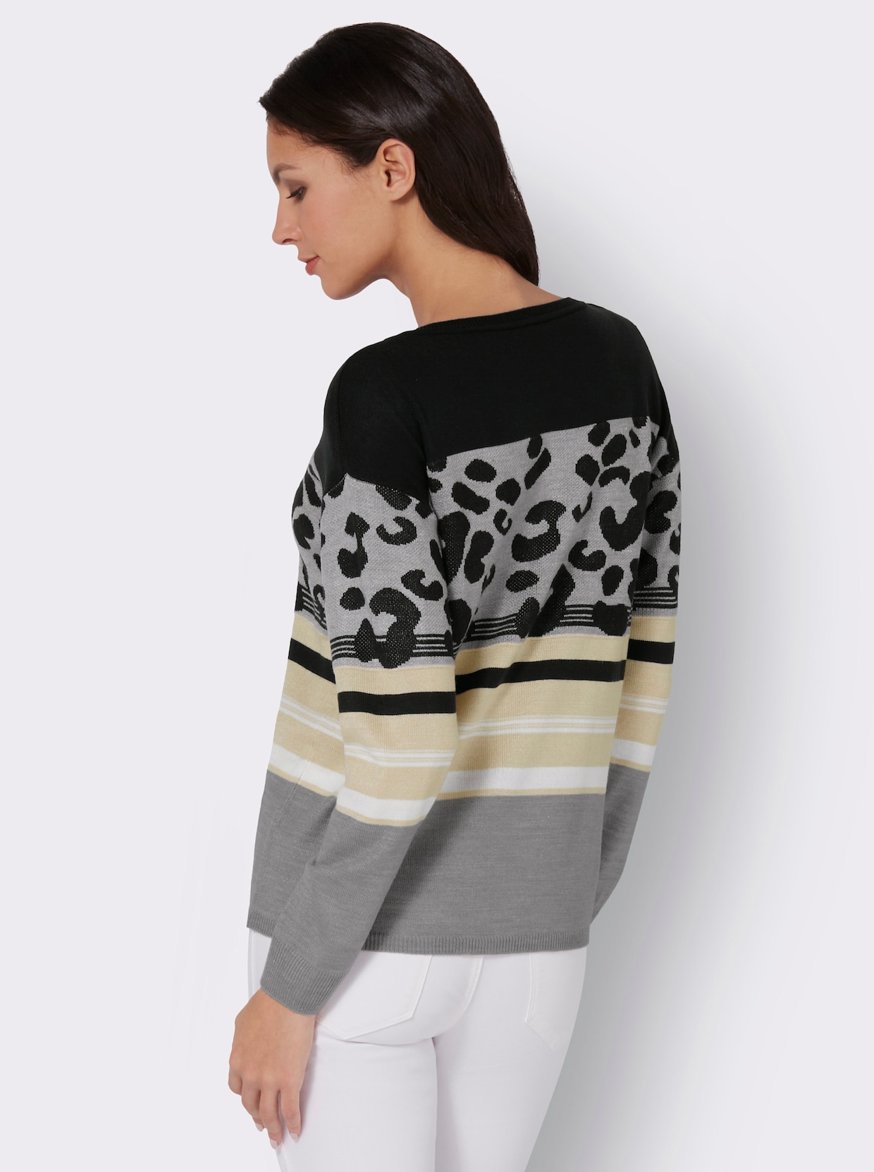 Pullover met ronde hals - zwart/ecru gedessineerd