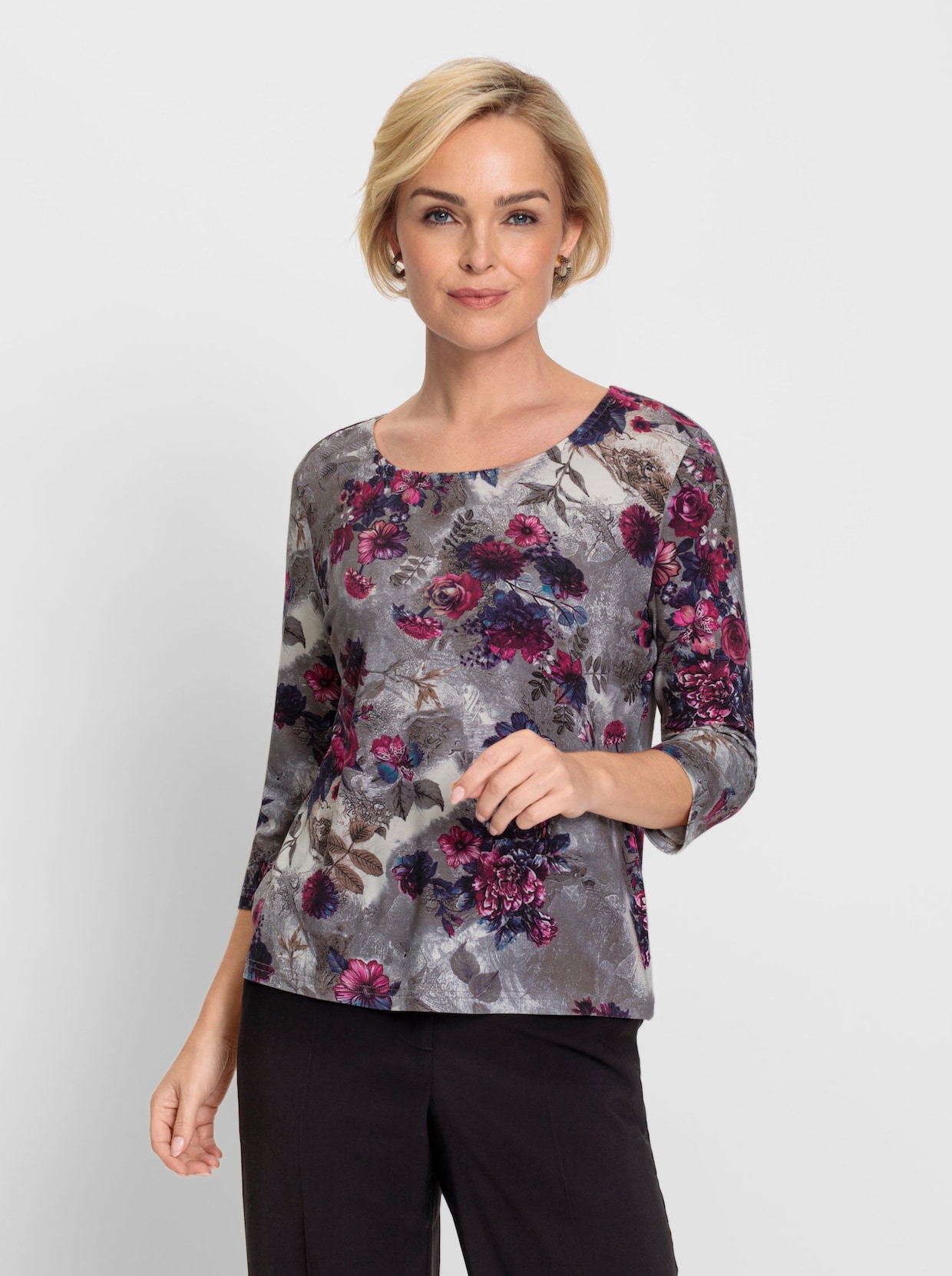 Shirt - steingrau-magenta-bedruckt