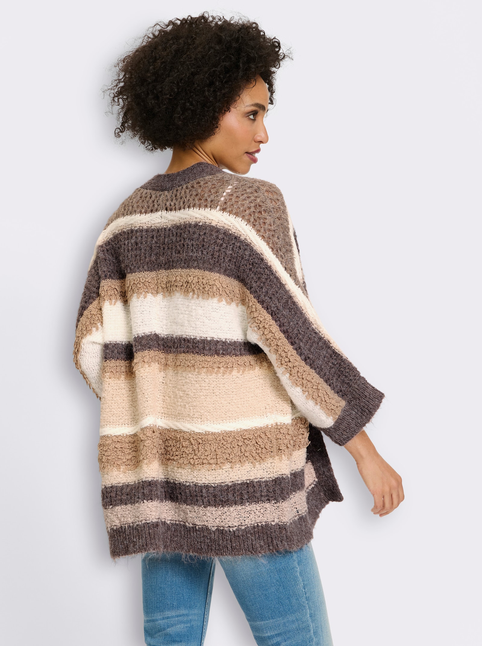 heine Cardigan van ajourtricot - donkertaupe/ecru gestreept