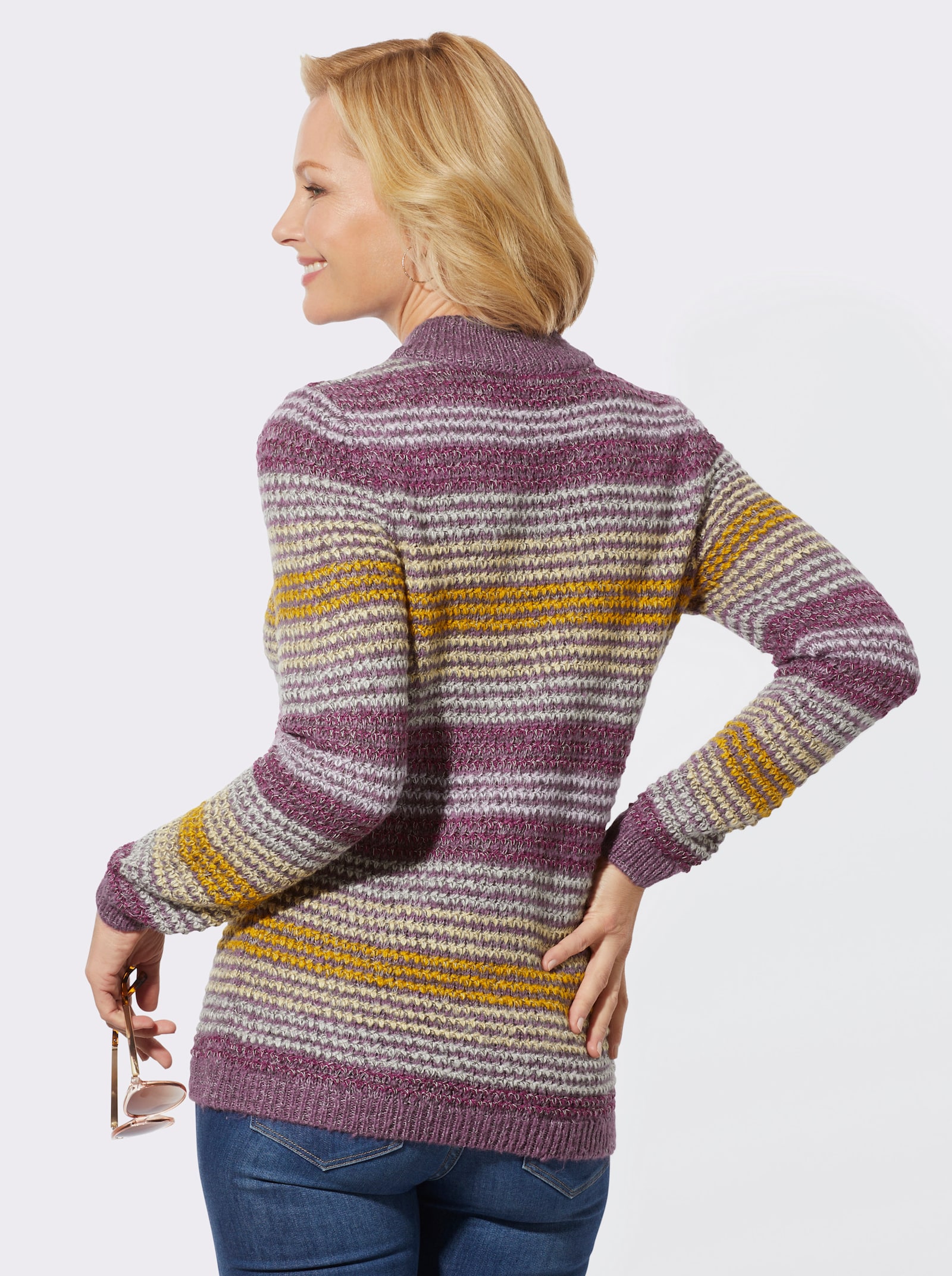 Stehkragenpullover in wärmender Bouclé-Qualität - violett-ocker-geringelt