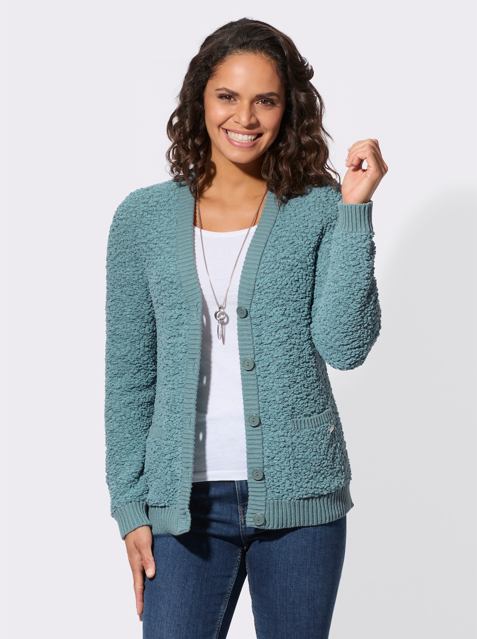 Strickjacke aus Popcorn-Garn - jade