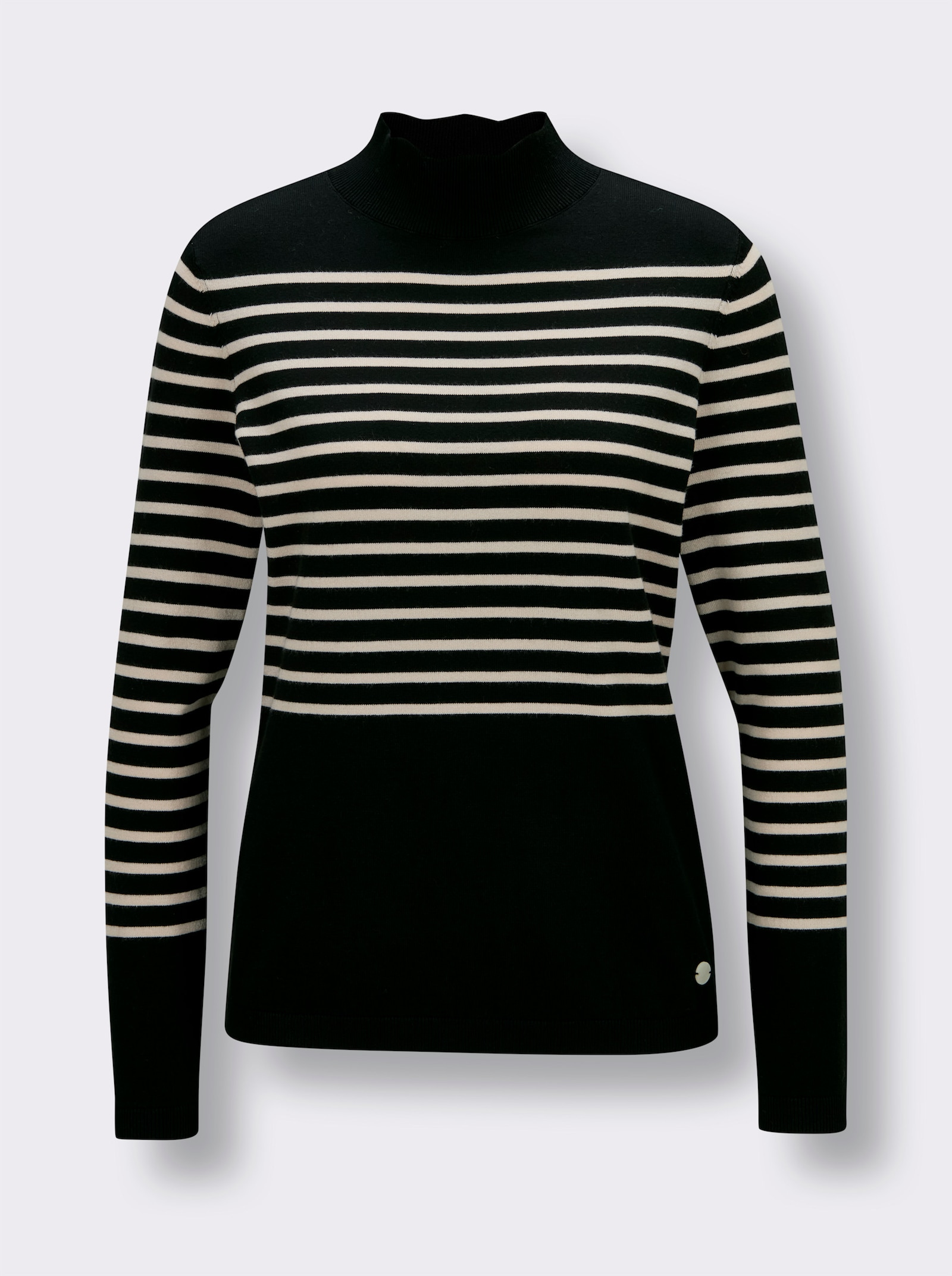 CREATION L PREMIUM Feinstrickpullover mit Wellenkante - schwarz-elfenbein-geringelt