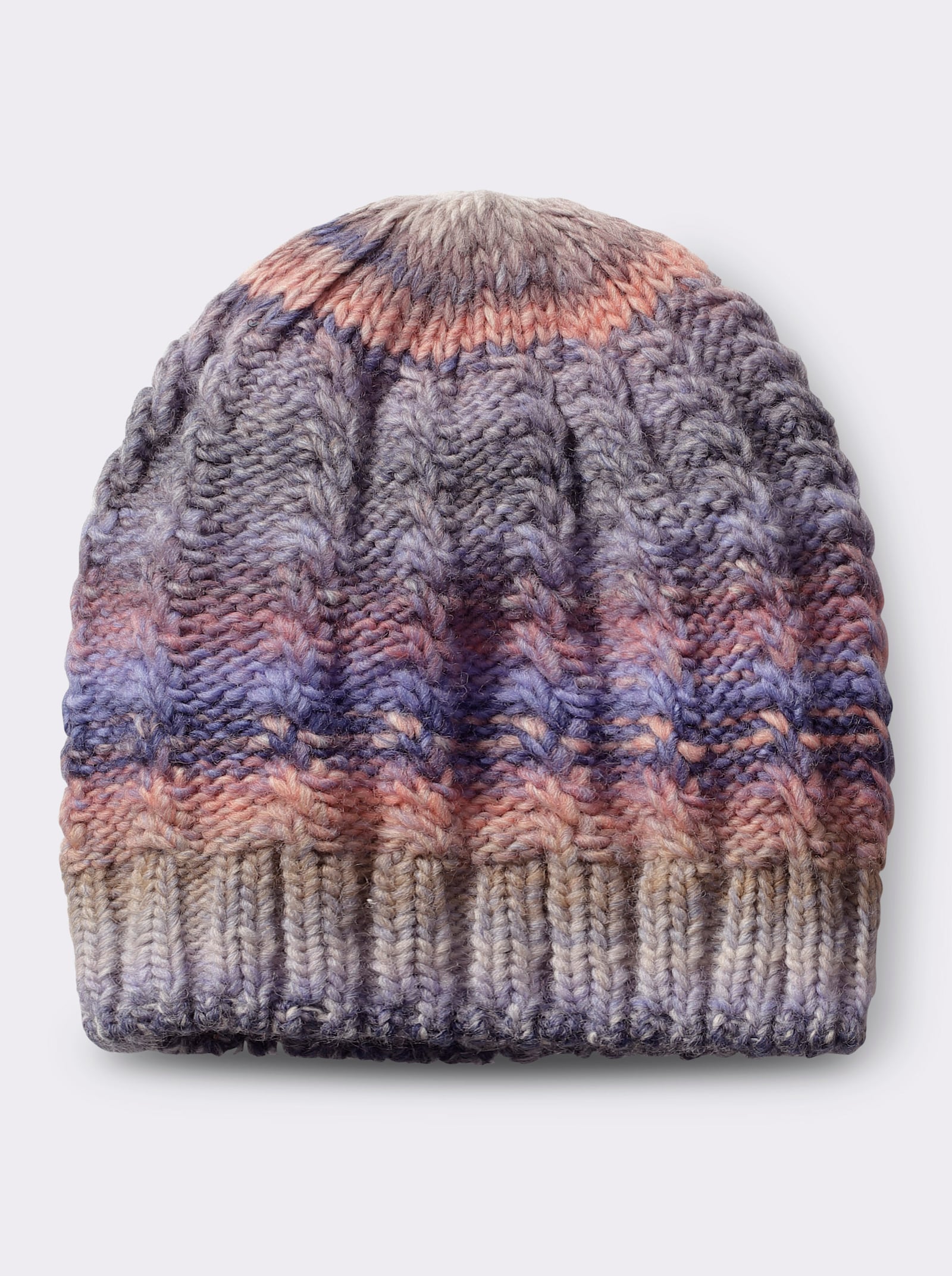 Pletená čepice z duhové příze - béžová-šeříková