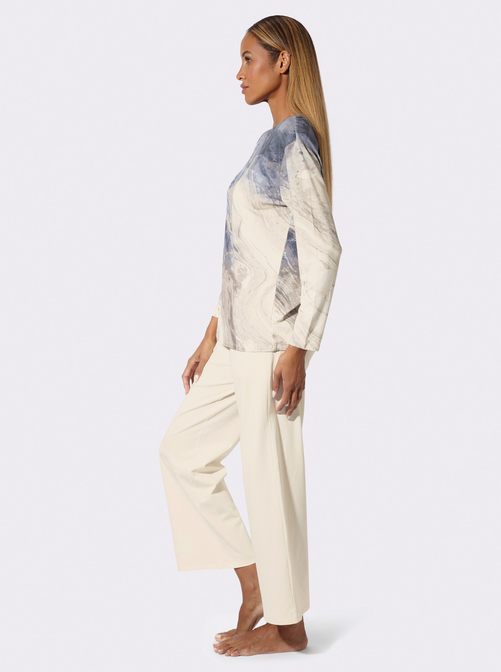 wäschepur Schlafanzug mit Taschen bei der Hose - champagner-rauchblau-bedruckt