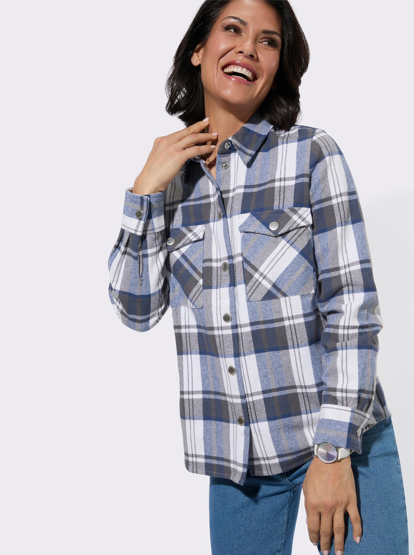 Flanellbluse im Karomuster - jeansblau-anthrazit-kariert