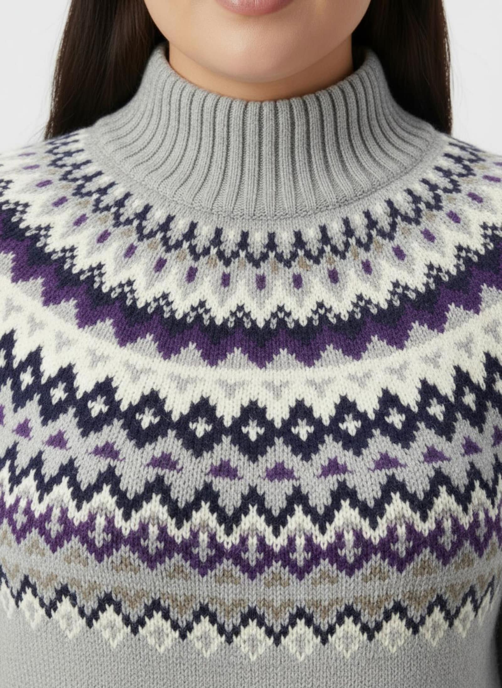 Stehkragenpullover im mehrfarbigen Norwegermuster - hellgrau-nachtblau-gemustert