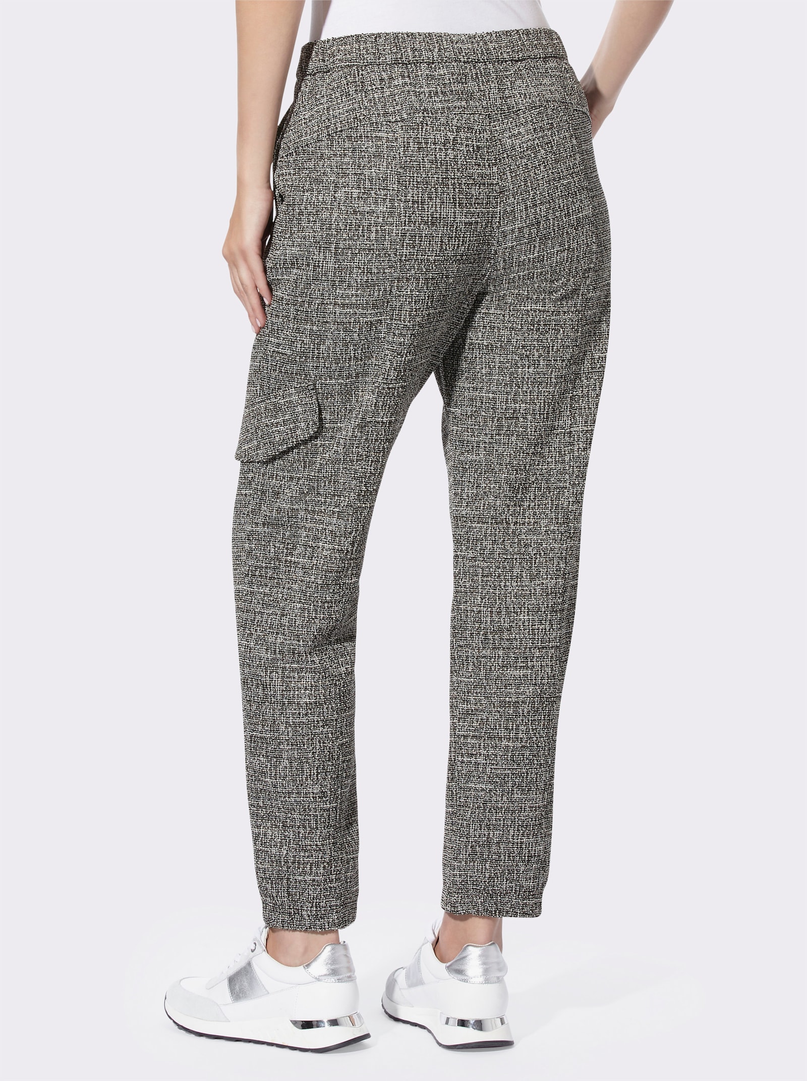 heine Bandplooibroek in cargomodel, bouclé - zwart/ecru gedessineerd