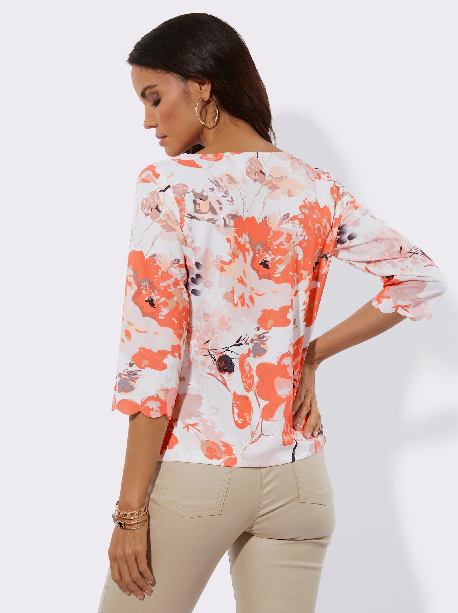 Kurzarmshirt mit floralem Druckmuster - ecru-apricot-bedruckt