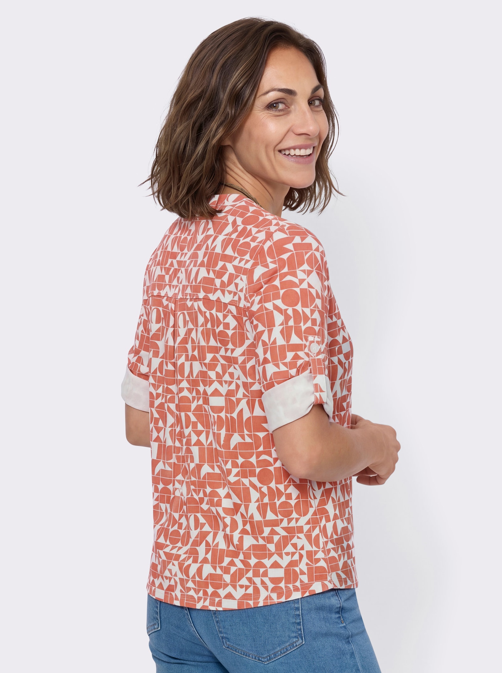 Blusenshirt mit kurzer Knopfleiste - papaya-ecru-bedruckt