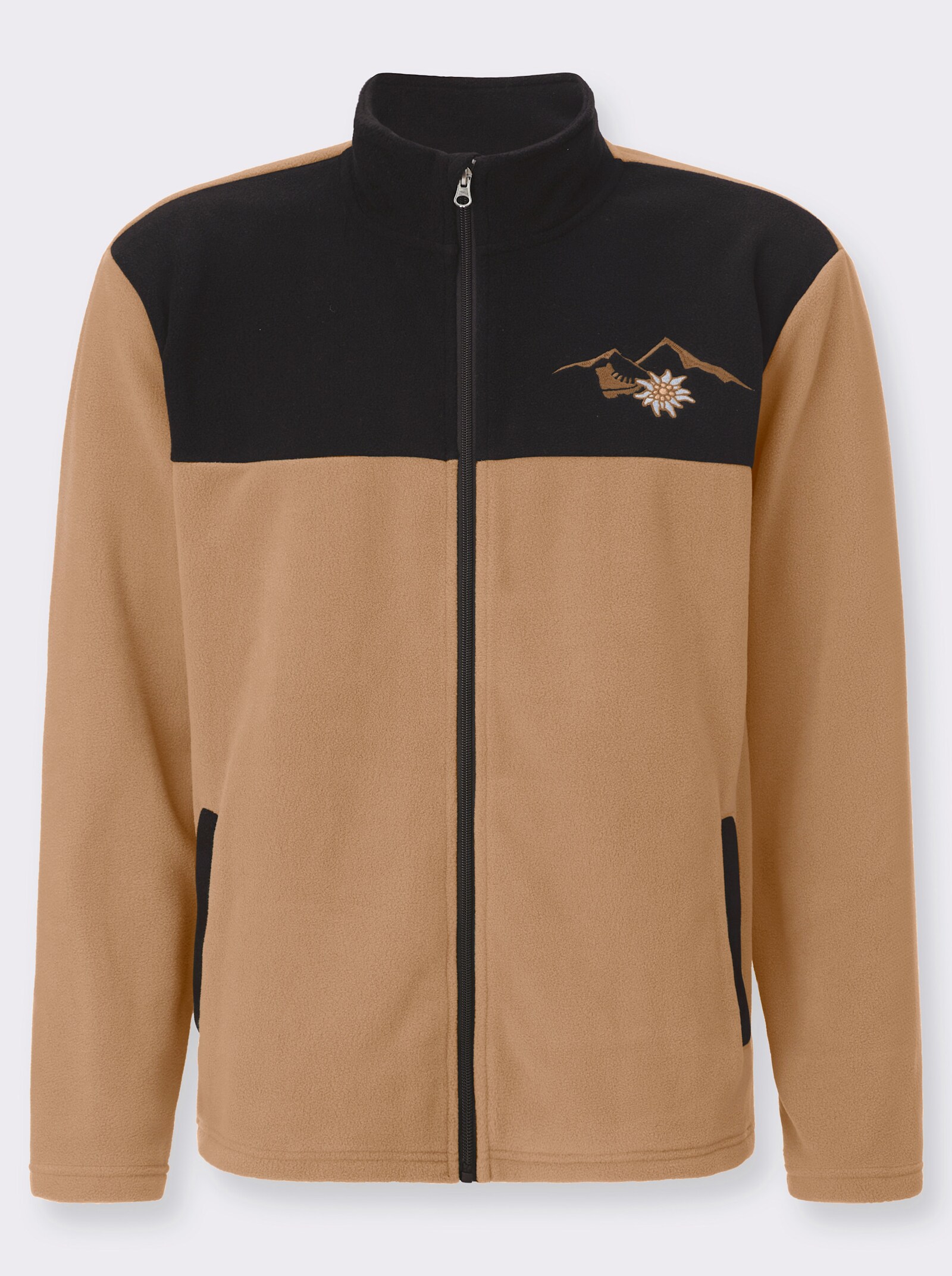 Fleecejacke mit Edelweiß-Stickerei - schwarz-camel