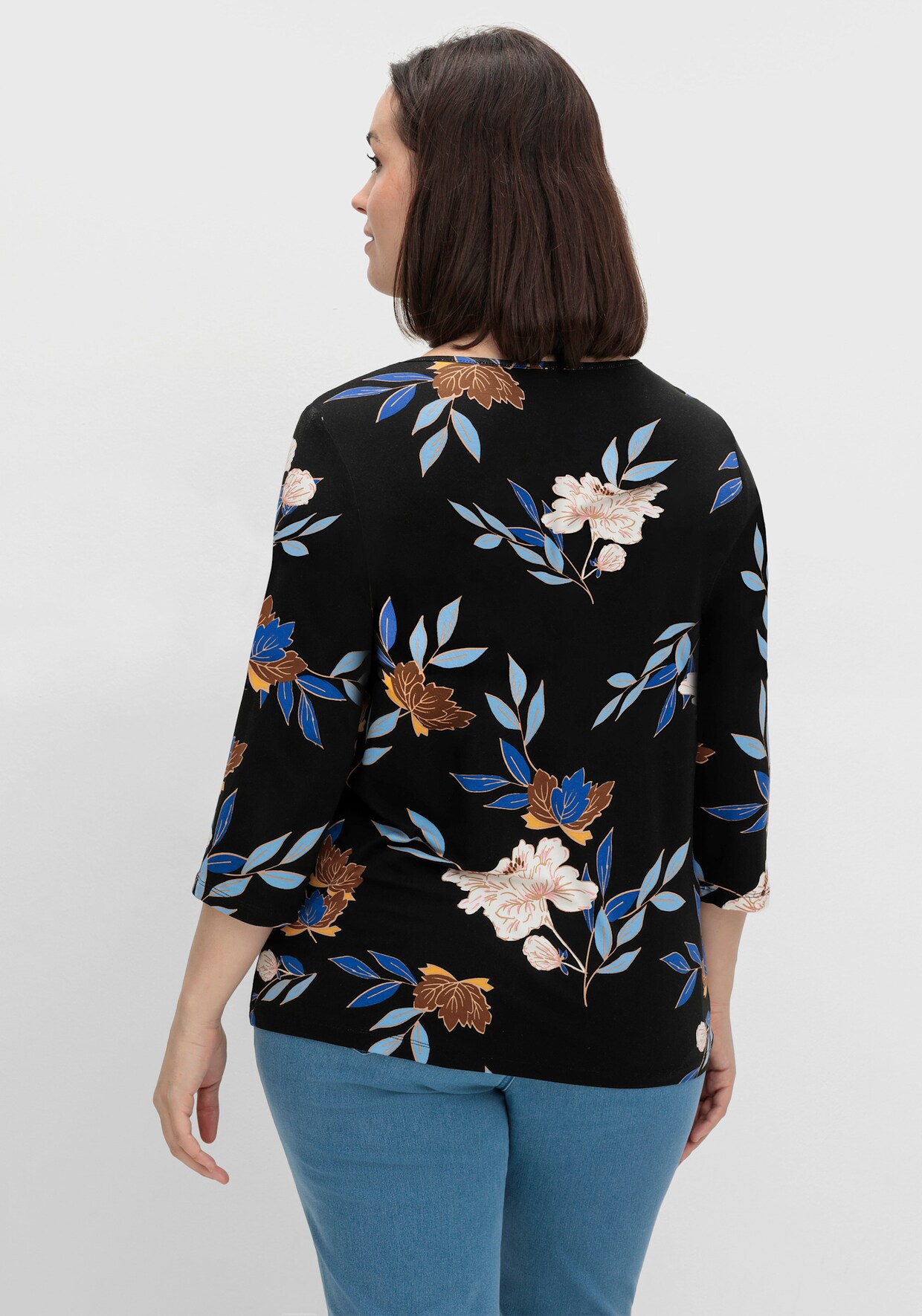 Print-Shirt mit floralem Muster - royalblau-ocker-bedruckt