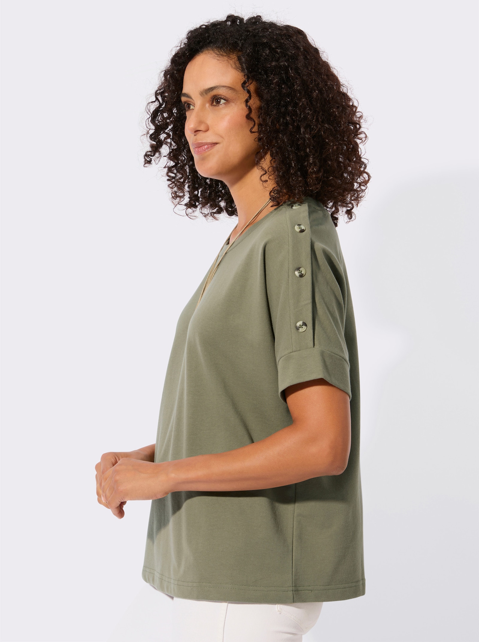 Sweatshirt mit Zierknöpfen an der Schulterpartie - khaki