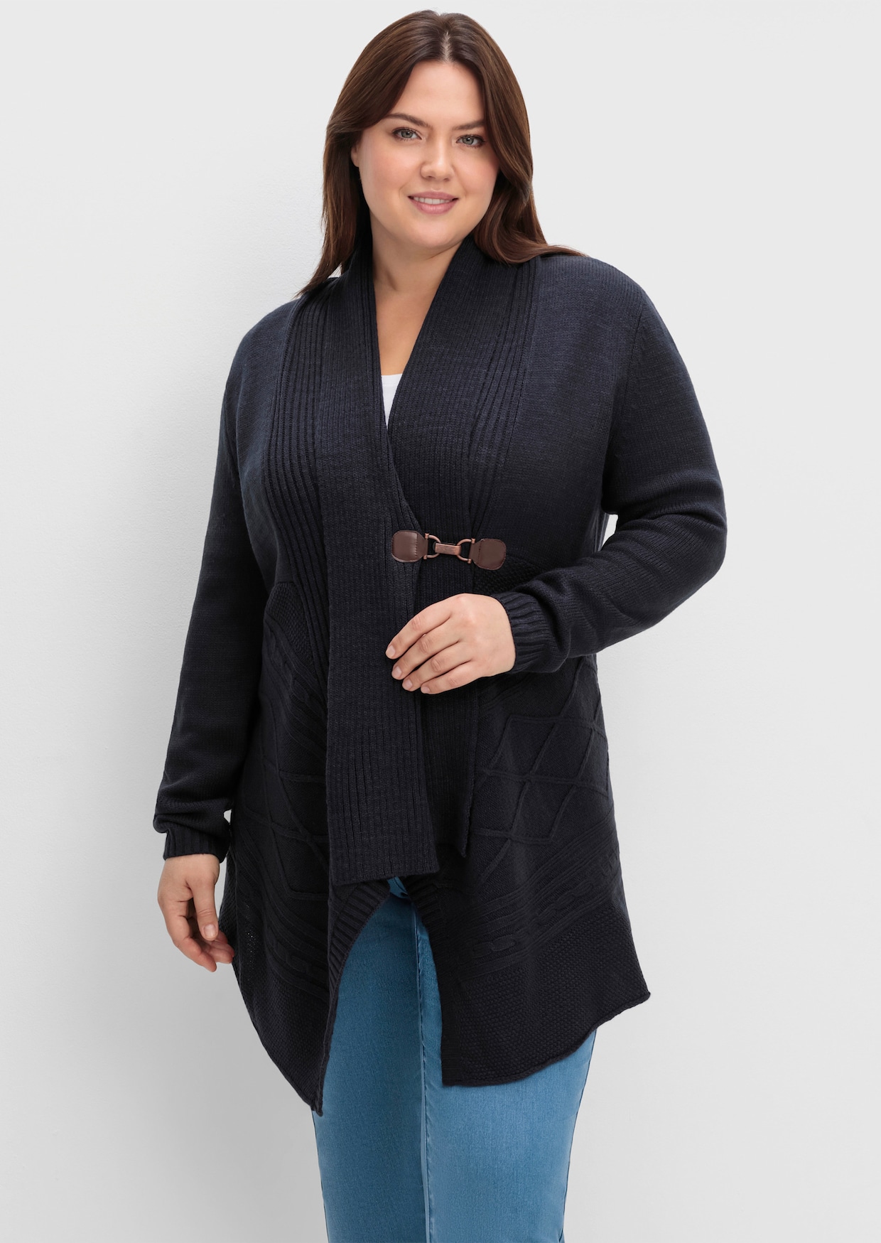 sheego by Joe Browns Lang gebreid vest - diepblauw
