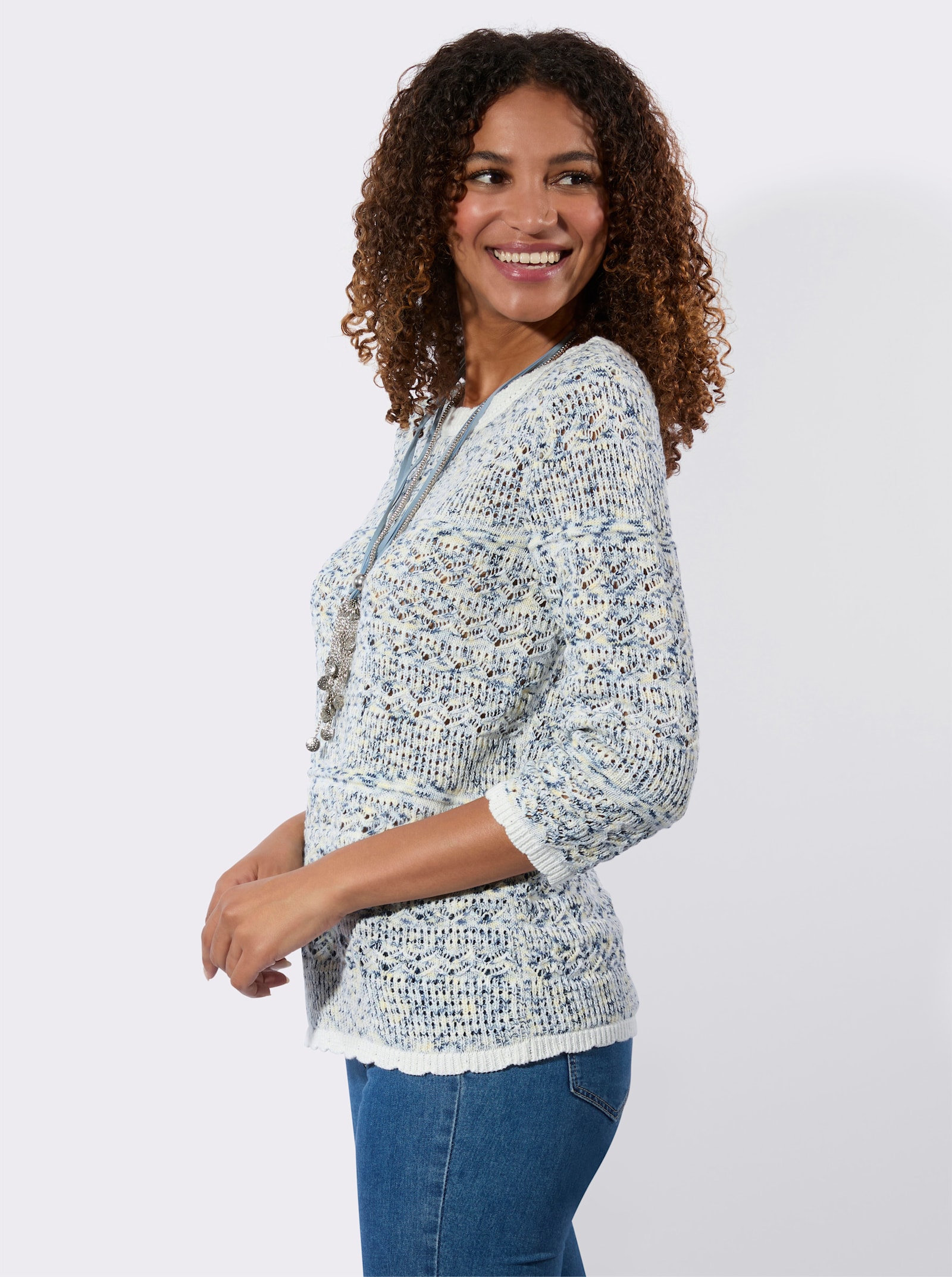 Ajour-Pullover - ecru-rauchblau-gemustert