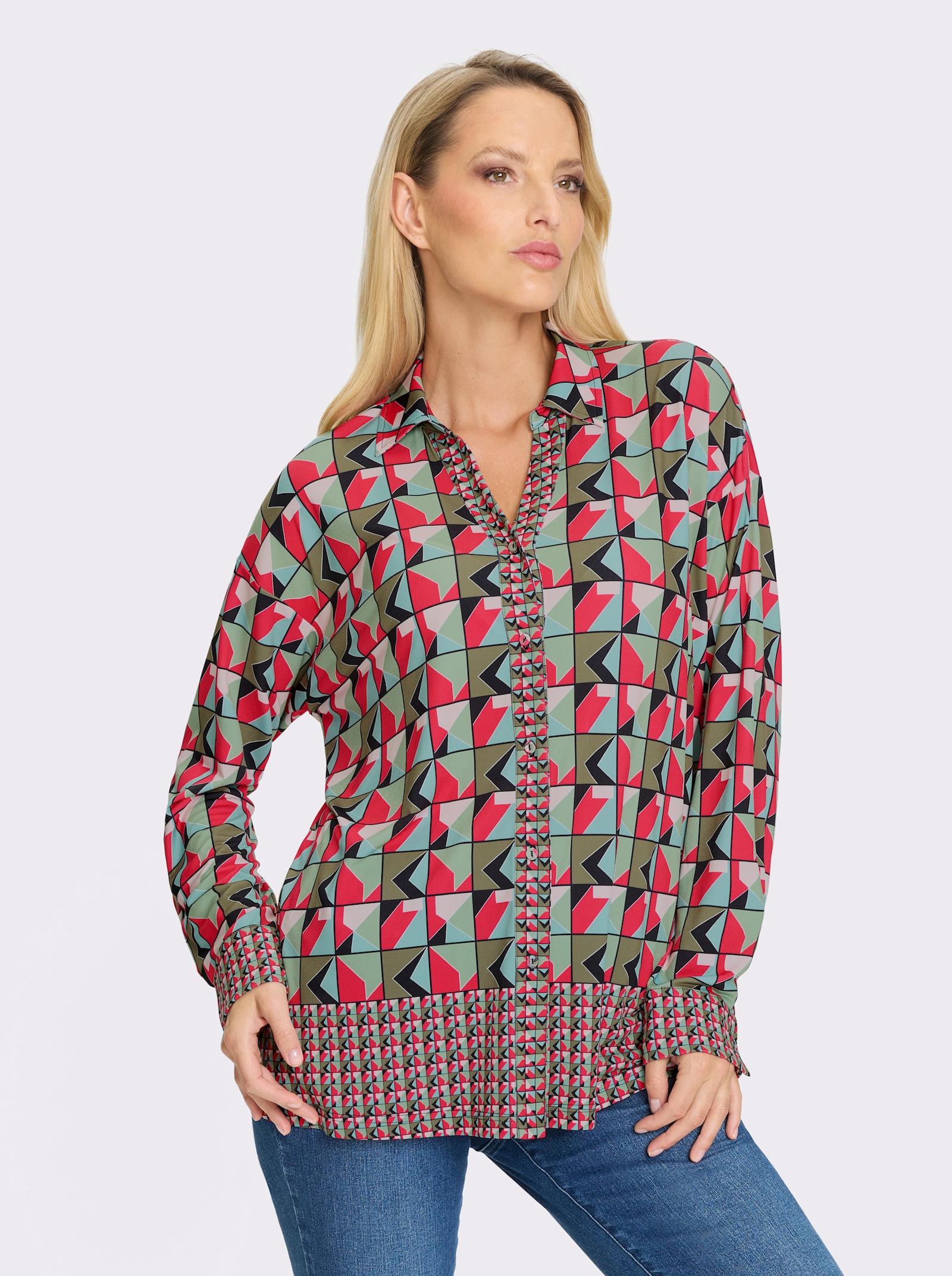 heine Blusenshirt mit leichtem Glanz - pink-schwarz-bedruckt