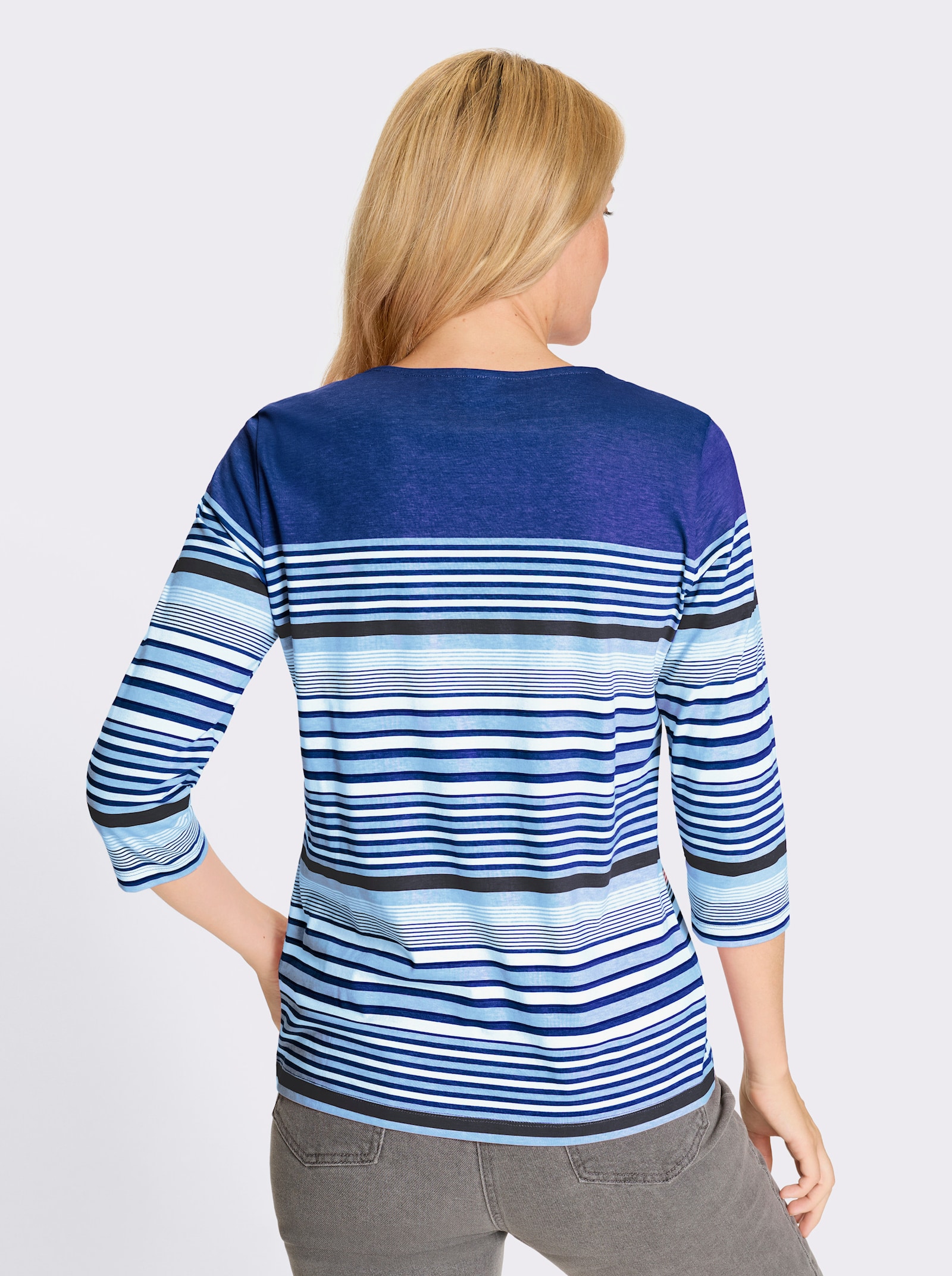 Tričko 3/4 rukávy, bavlna, pruhy - Pruhovanie: džínsovo modrá – prírodný hodváb