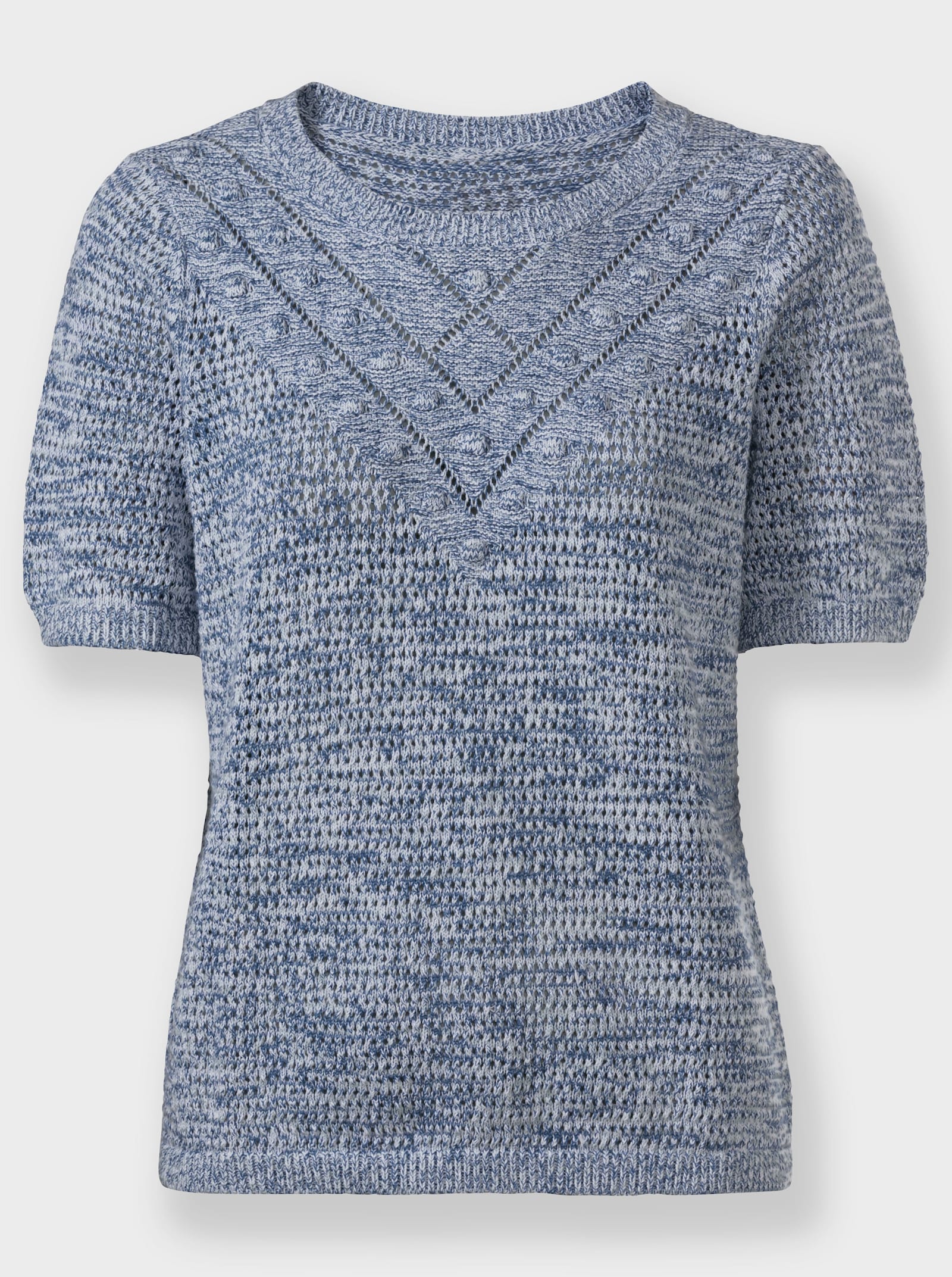 Ajourpullover mit V-förmigem Linksstrick - jeansblau-hellblau-meliert