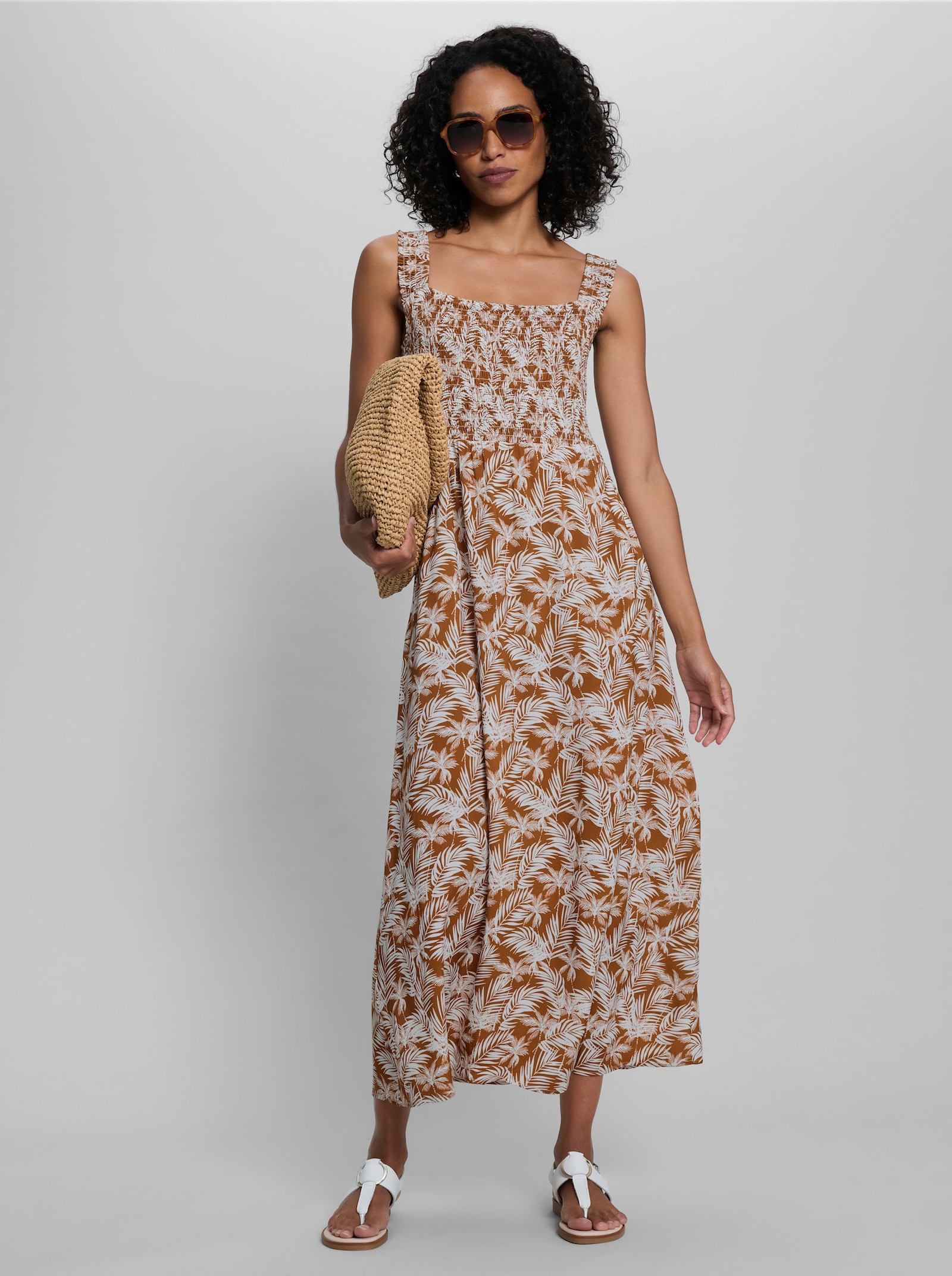 heine Druckkleid mit Smok-Oberteil - cognac-ecru-bedruckt