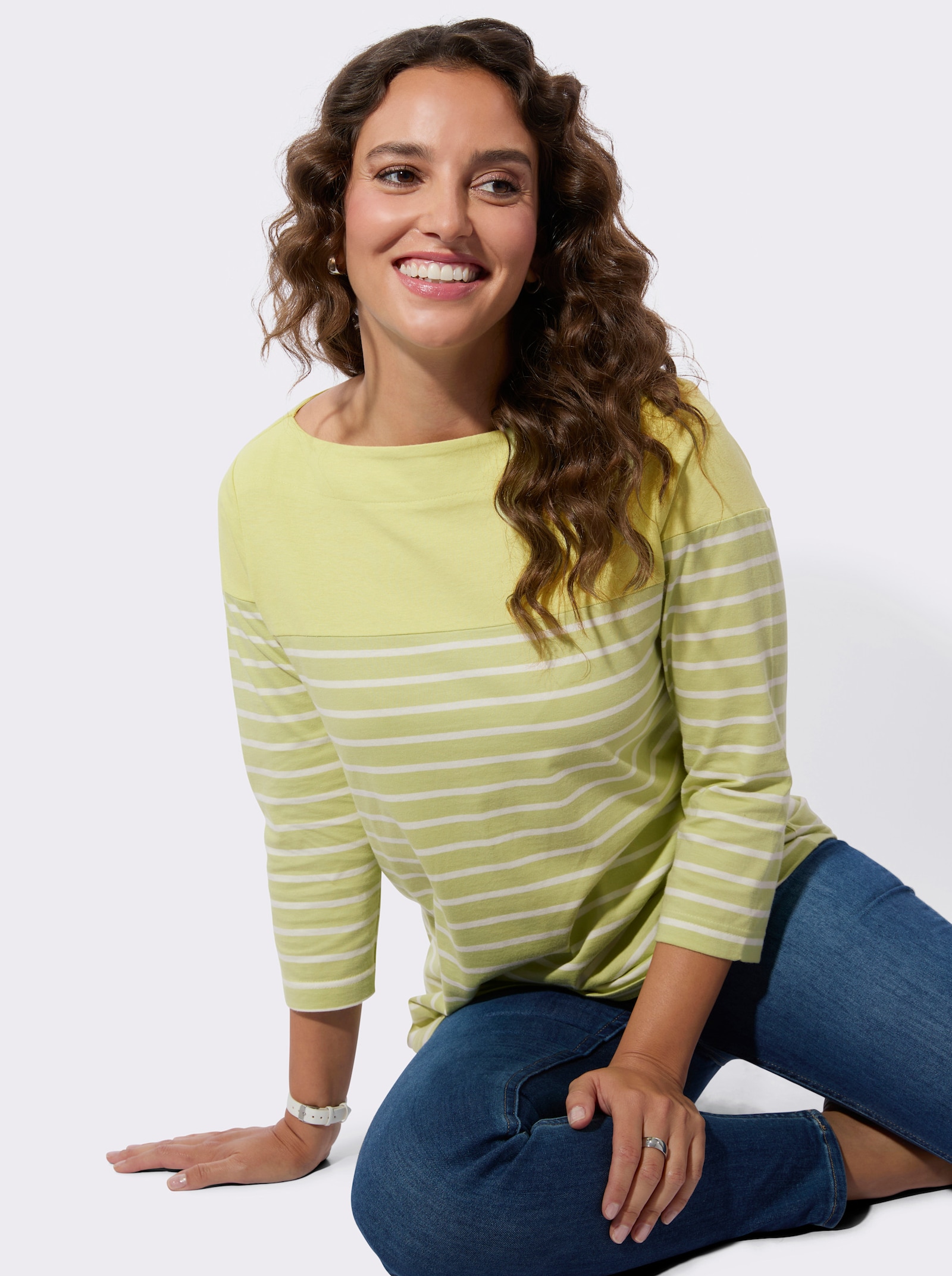 Ringelshirt mit 3/4 Ärmeln - lindgrün-ecru-geringelt