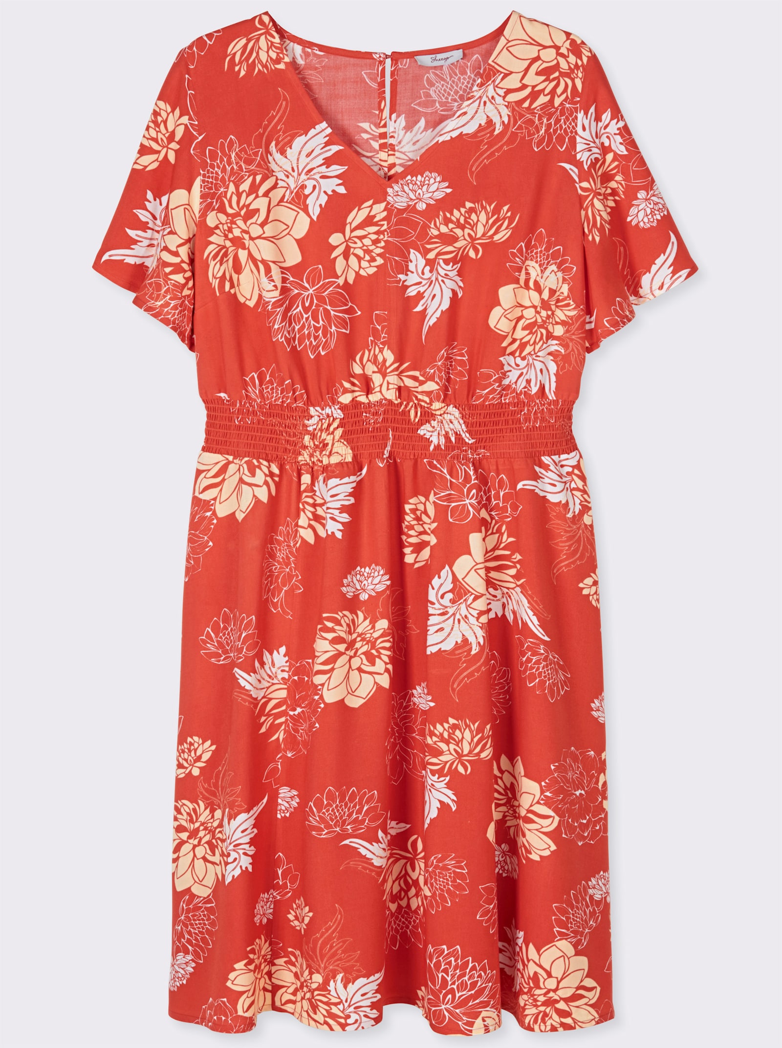 Blumenkleid mit breitem Smokbund - terra-vanille-bedruckt