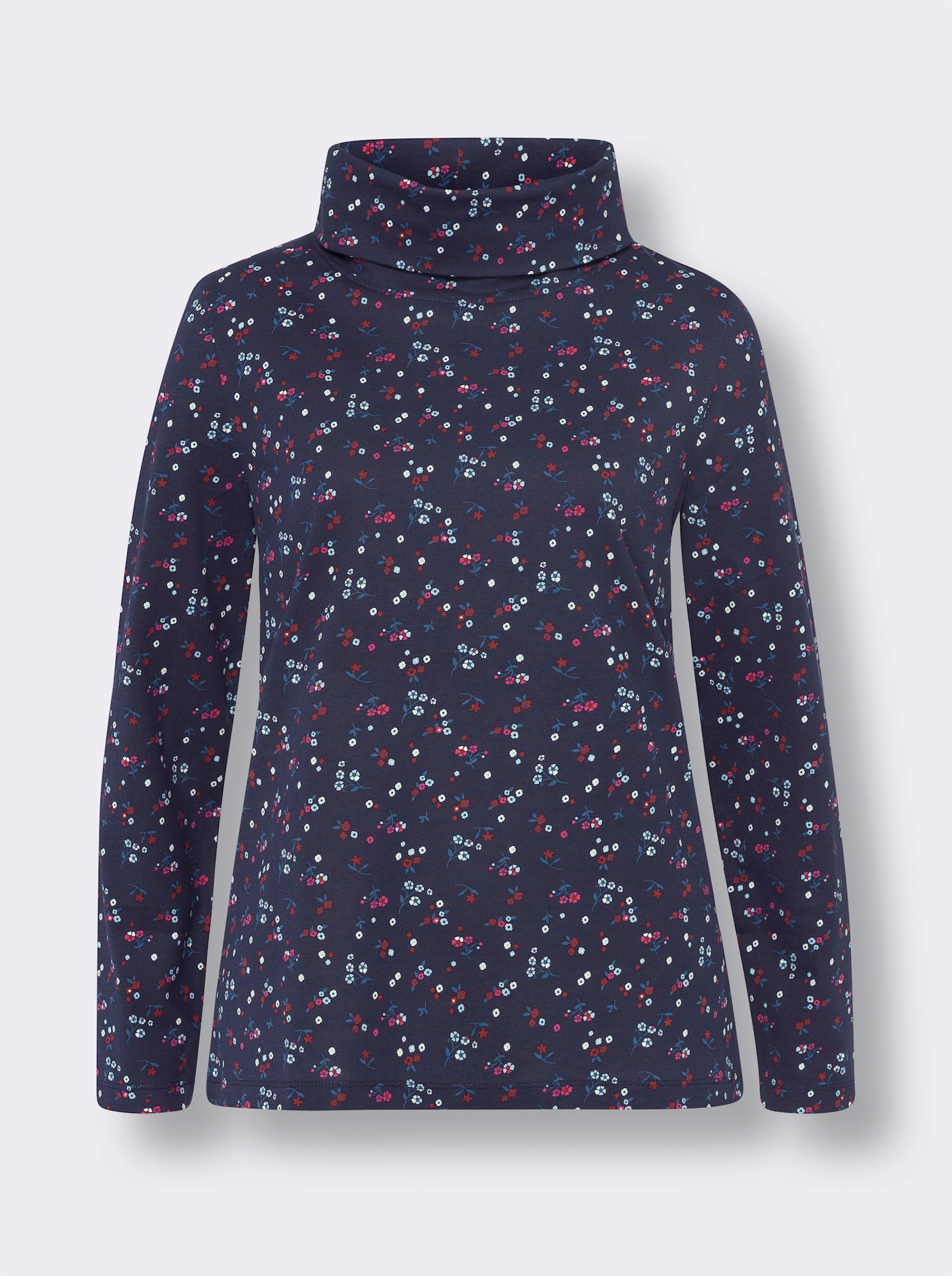 Tričko s rolákem a květinovým vzorem - námořnická modrá-džínová modrá-potisk