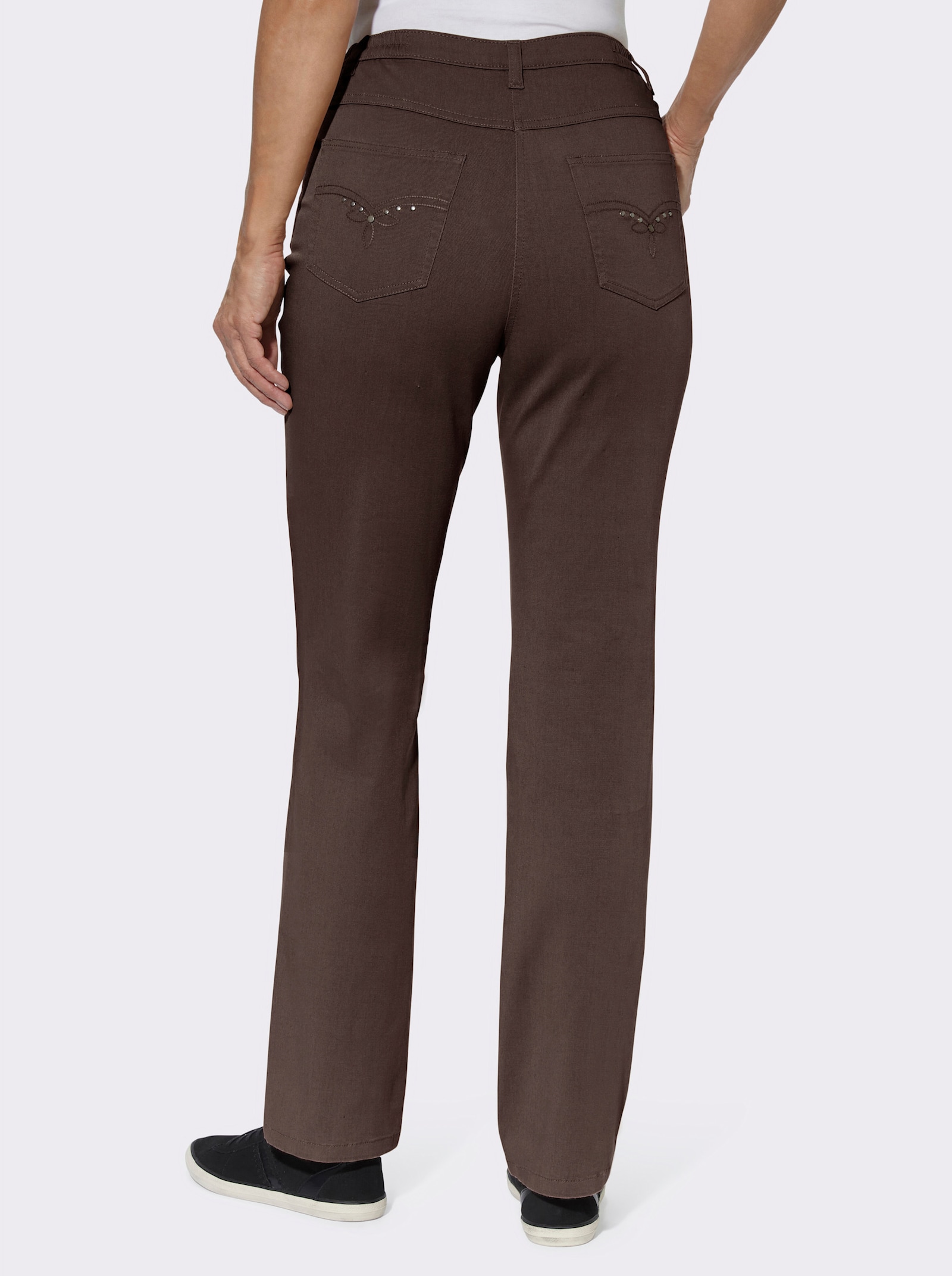 5-pocketjeans met geborduurd motief - chocolade