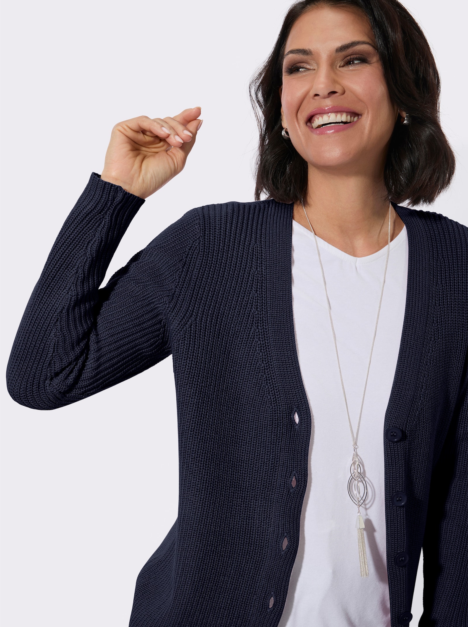 Longstrickjacke mit feiner Rippstruktur - marine