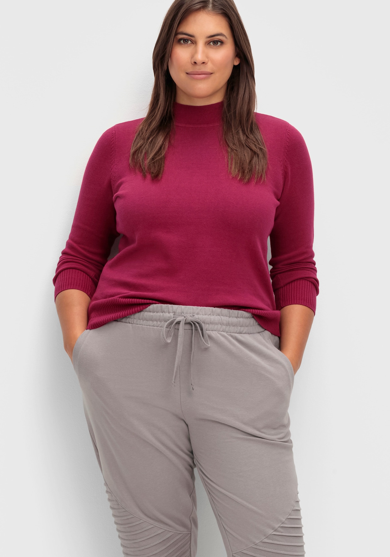 Strickpullover mit geripptem Stehkragen - weinrot