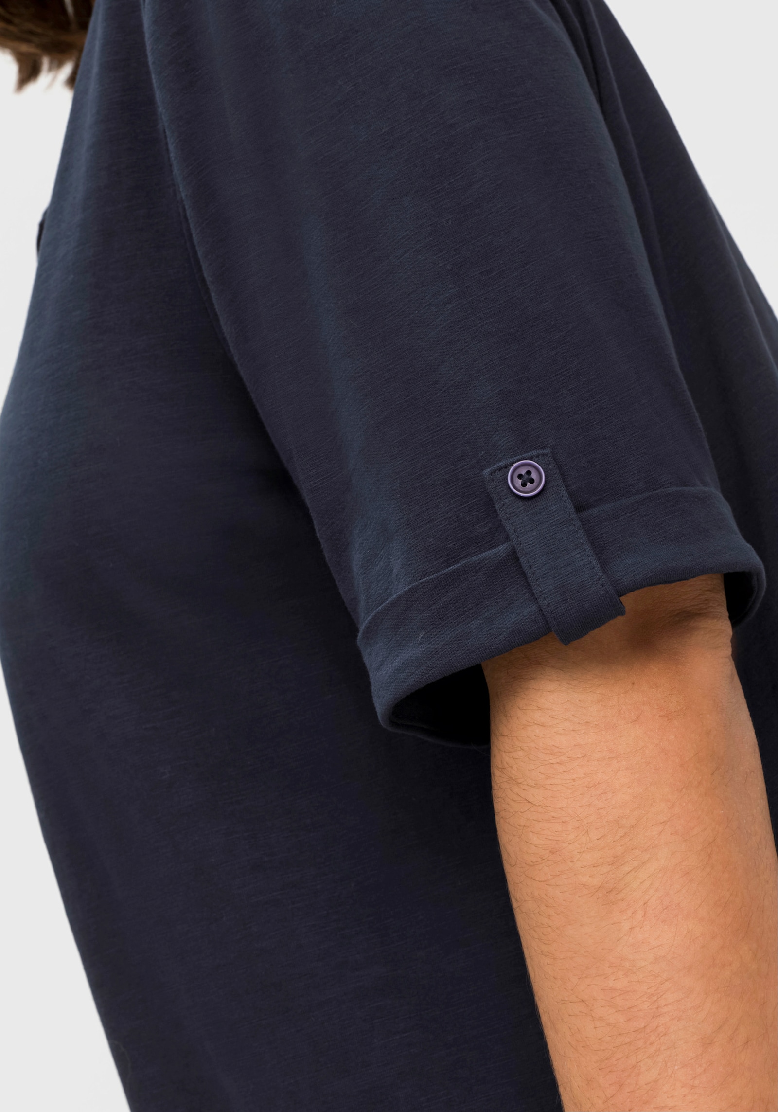 sheego Lang shirt met hals met split - nachtblauw