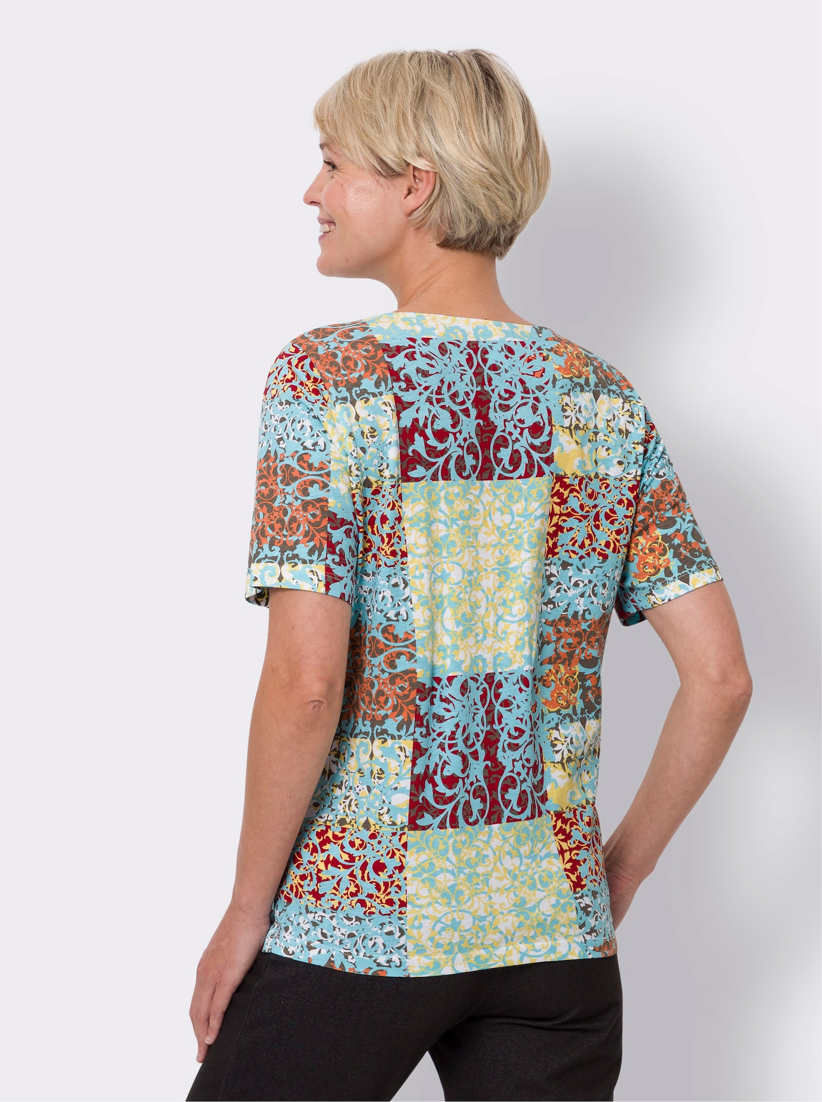 Kurzarmshirt mit Patchwork-Druck - zitrone-aquamarin-bedruckt