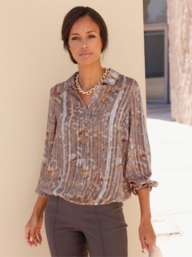 Schlupfbluse mit Glanzstreifen - schlamm-ecru-bedruckt