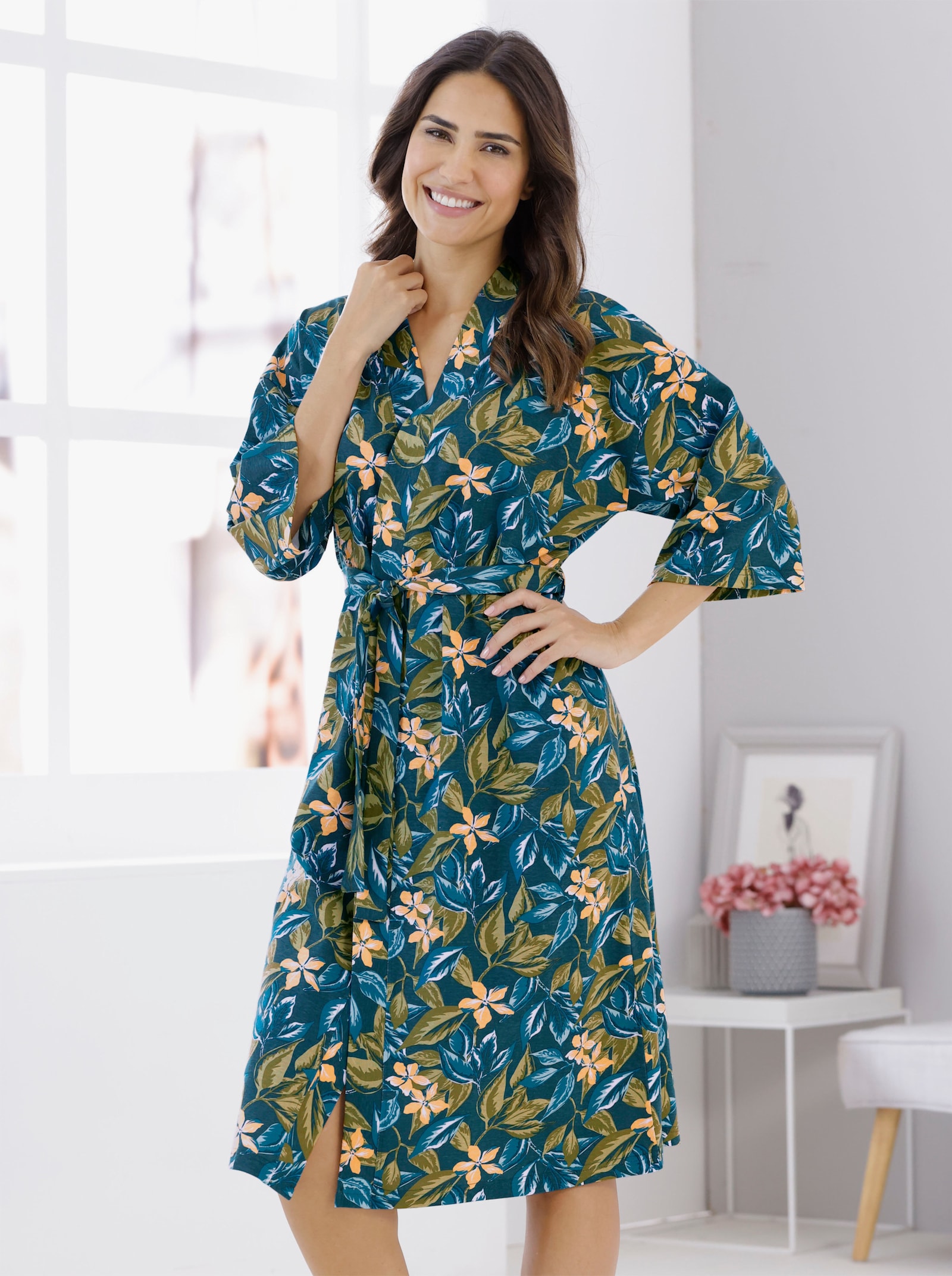 Morgenmantel in Kimono-Form, mit Bindegürtel - petrol-apricot-bedruckt