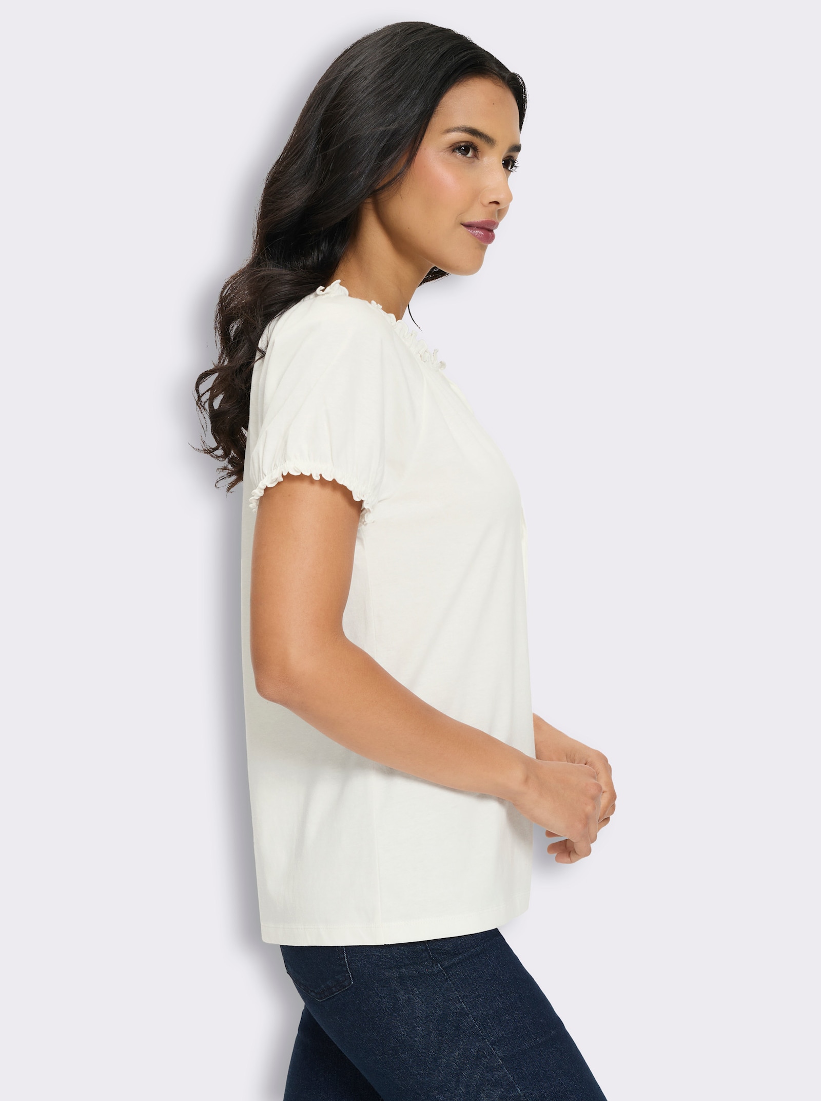 Trachtenshirt mit Rüschen und Bindeband - ecru