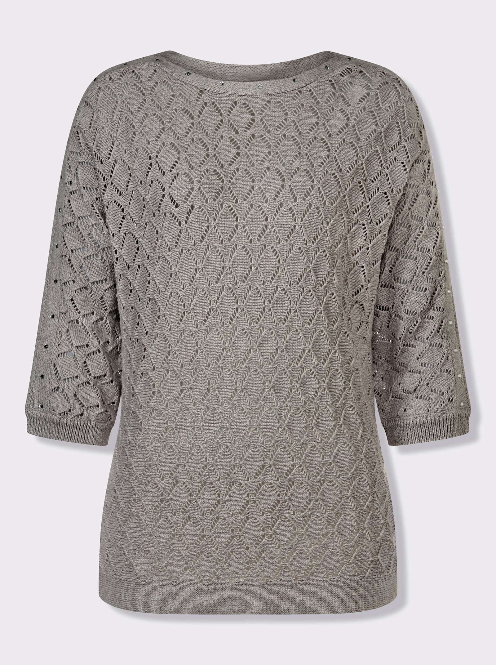Ajourpullover mit Glitzersteinchen - hellgrau-meliert