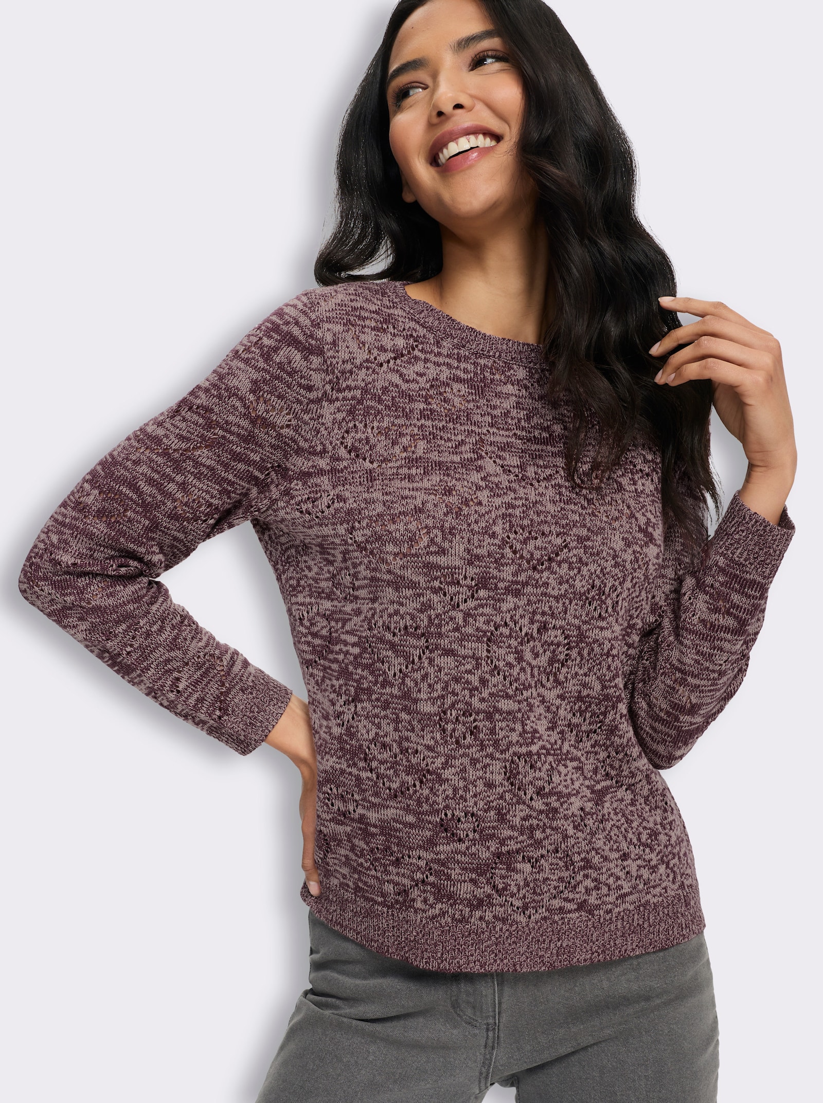 Ajourpullover mit Herzchen - burgund-puder-meliert