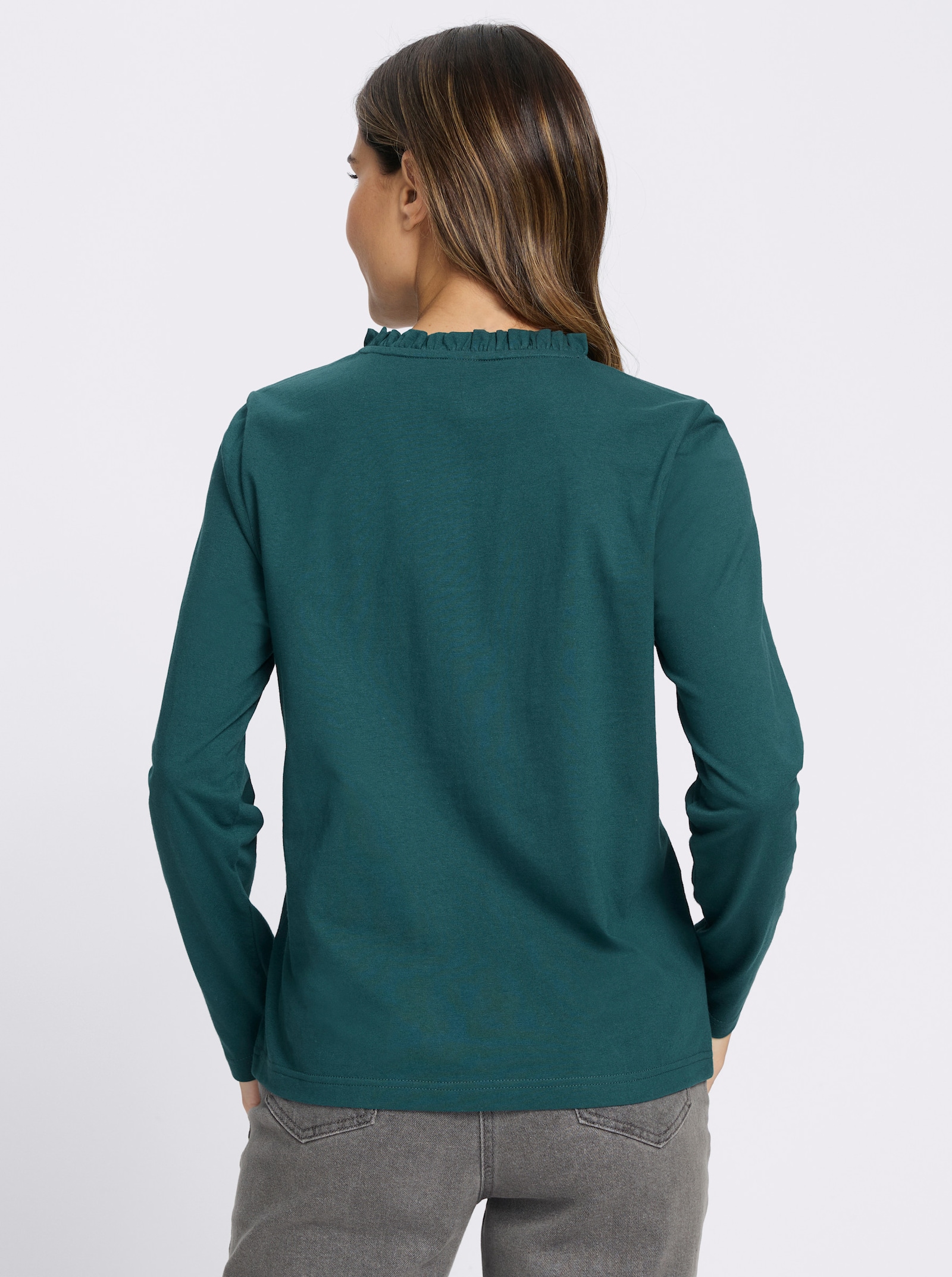 Langarmshirt mit gerüschtem Stehkragen - petrol