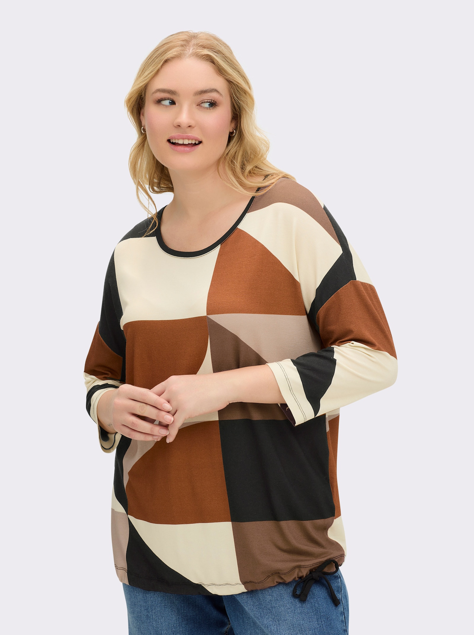 3/4-Arm-Shirt mit Tunnelzug am Saum - champagner-cognac-bedruckt