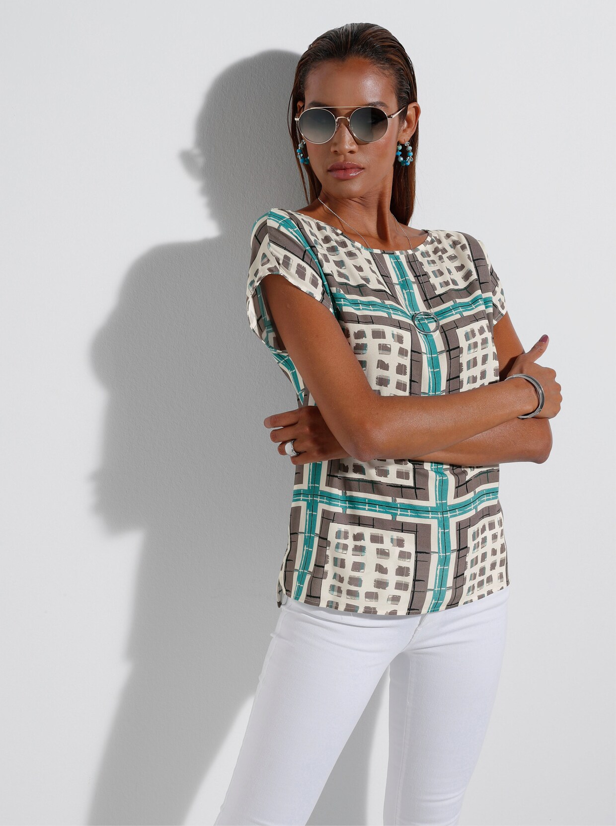 Blouse met korte mouwen - taupe/salie bedrukt