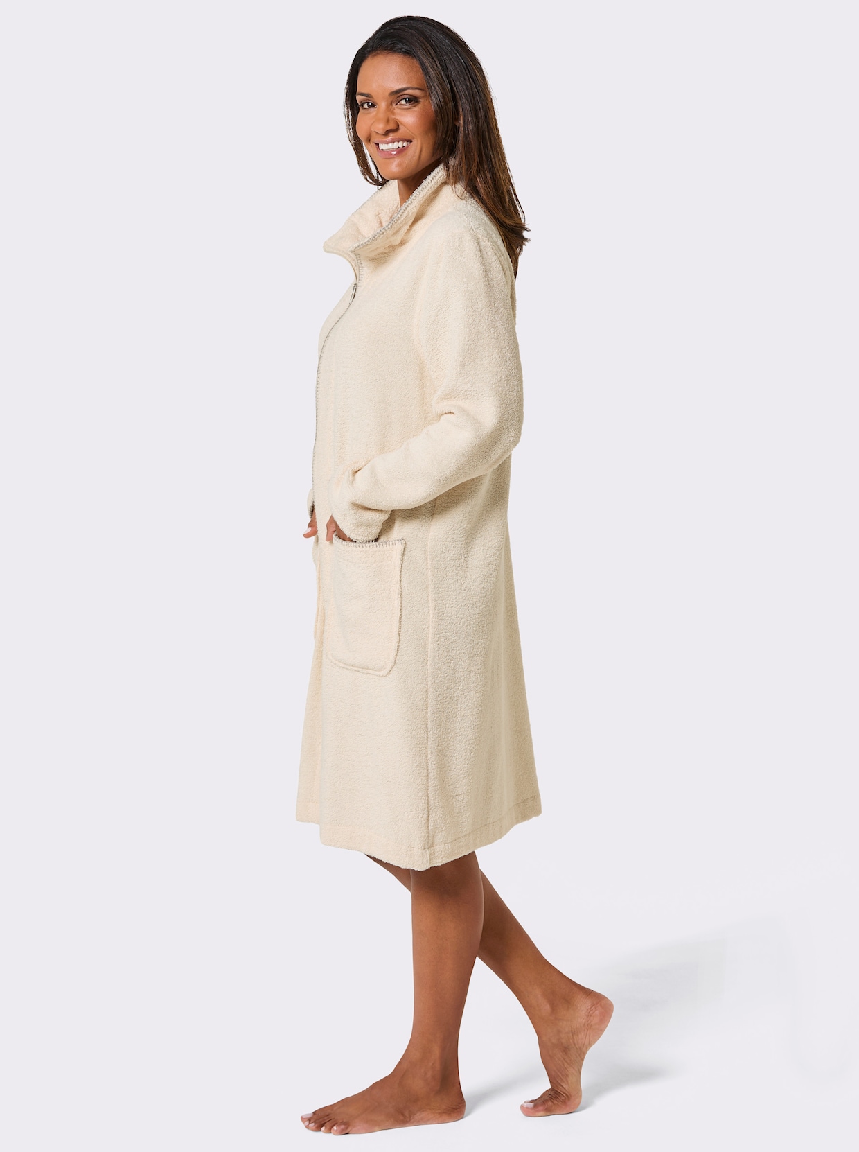 feel good Bademantel mit durchgehendem Reißverschluss - champagner-steingrau