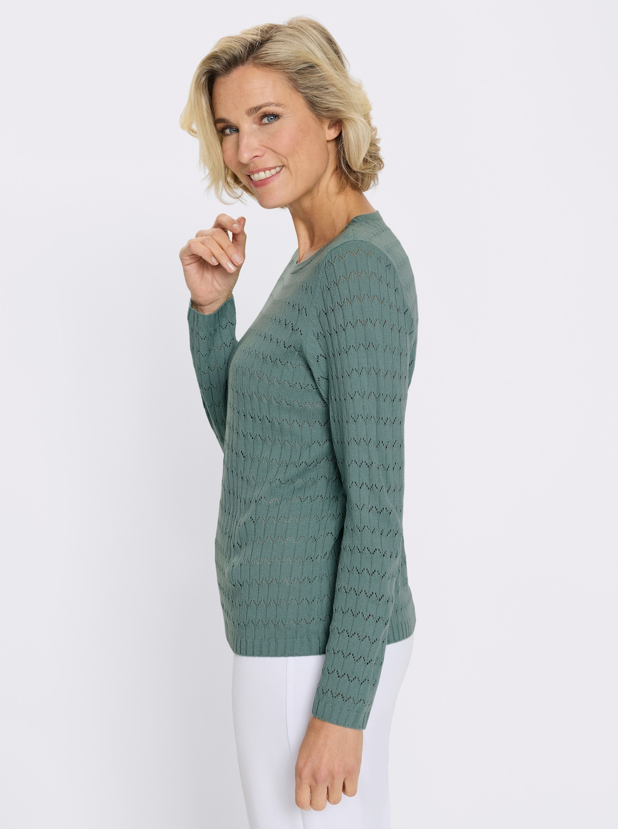 Pullover met ronde hals en mix van breipatronen - jade