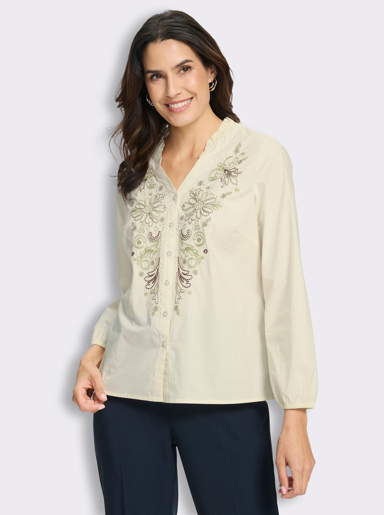 Baumwollbluse mit aufwendigen Blumenstickereien - champagner
