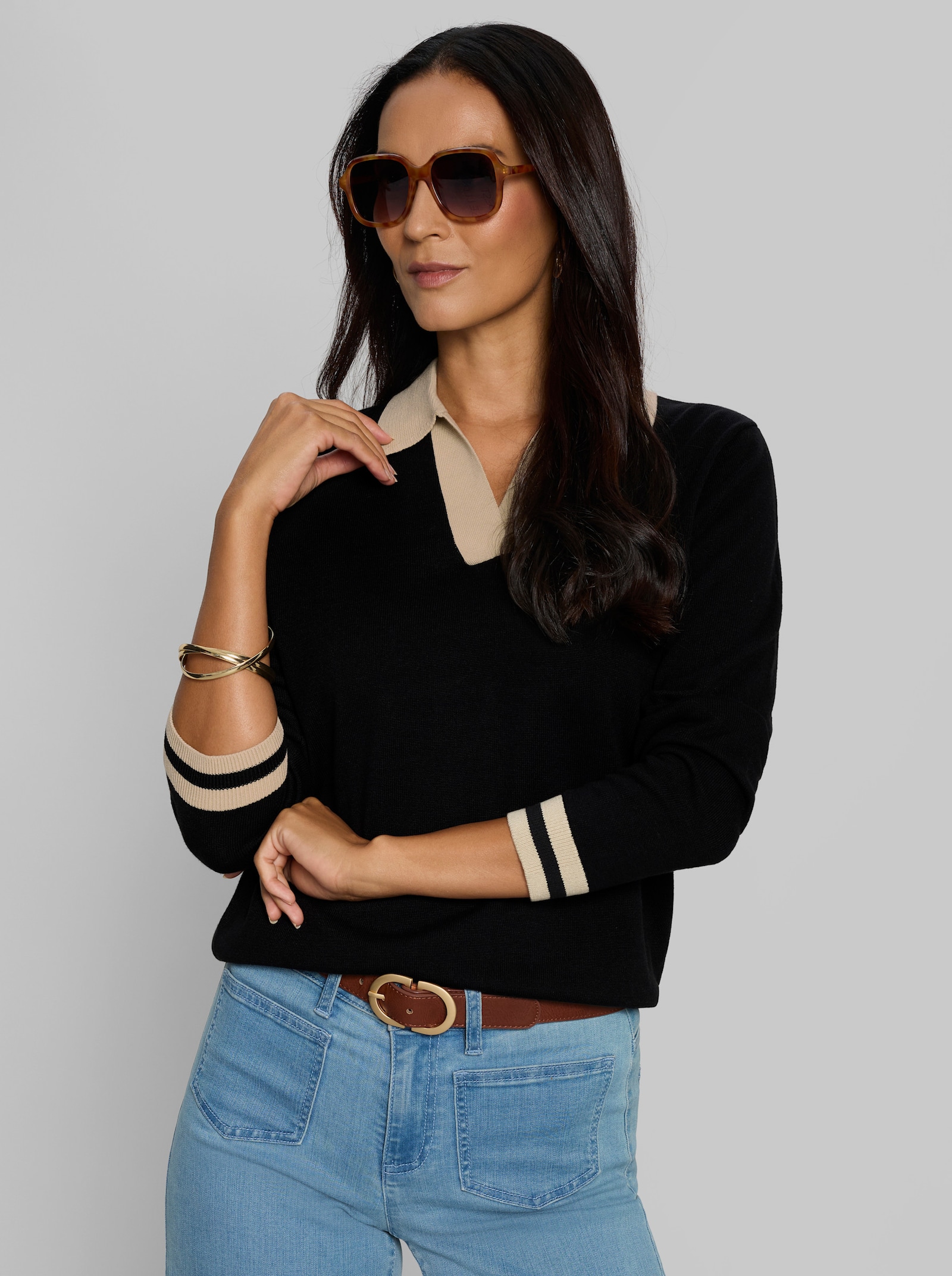 heine Polopullover mit Kontrast-Akzenten - schwarz-sand