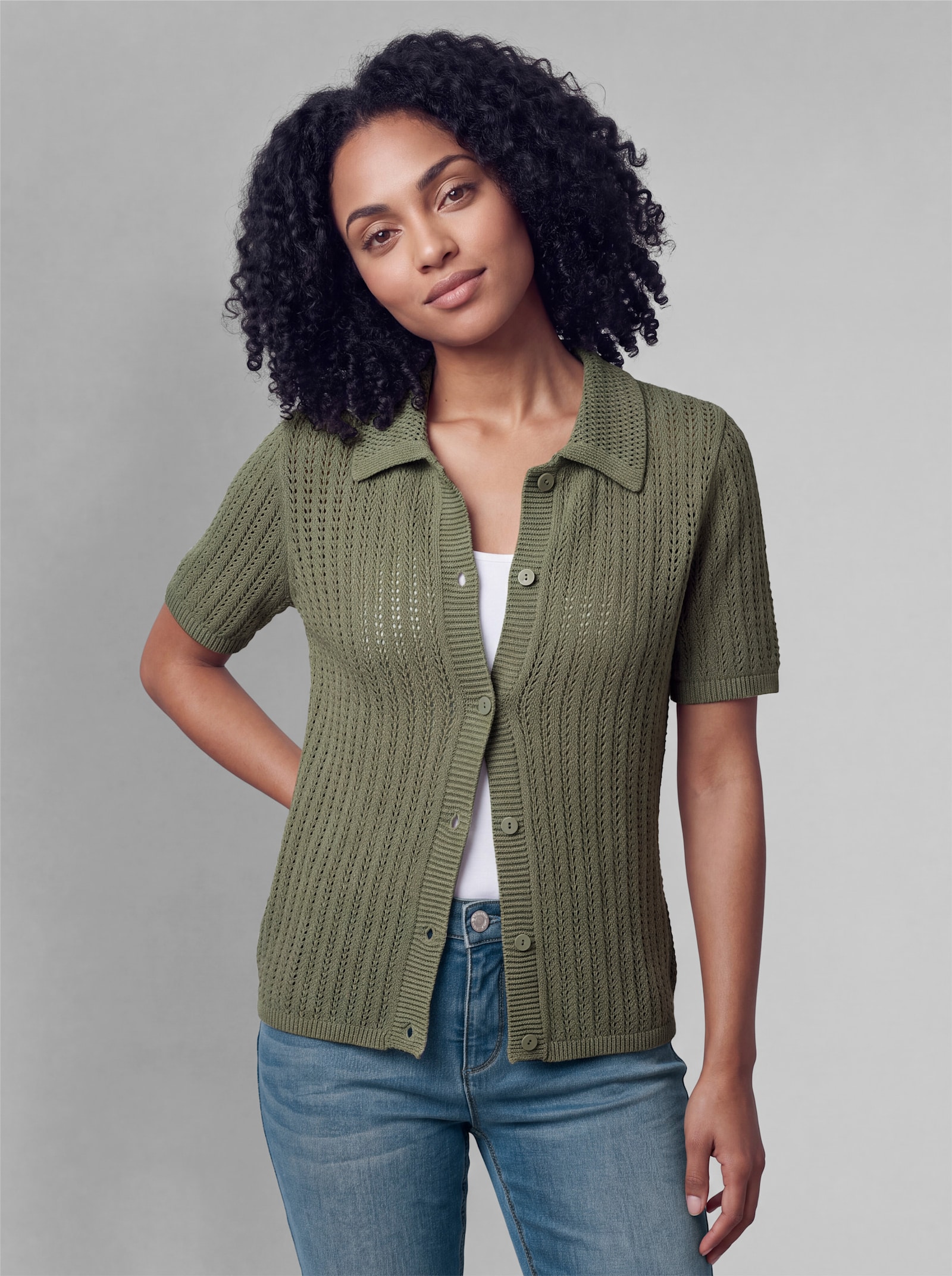 heine Ajourstrickjacke mit Hemdkragen - khaki