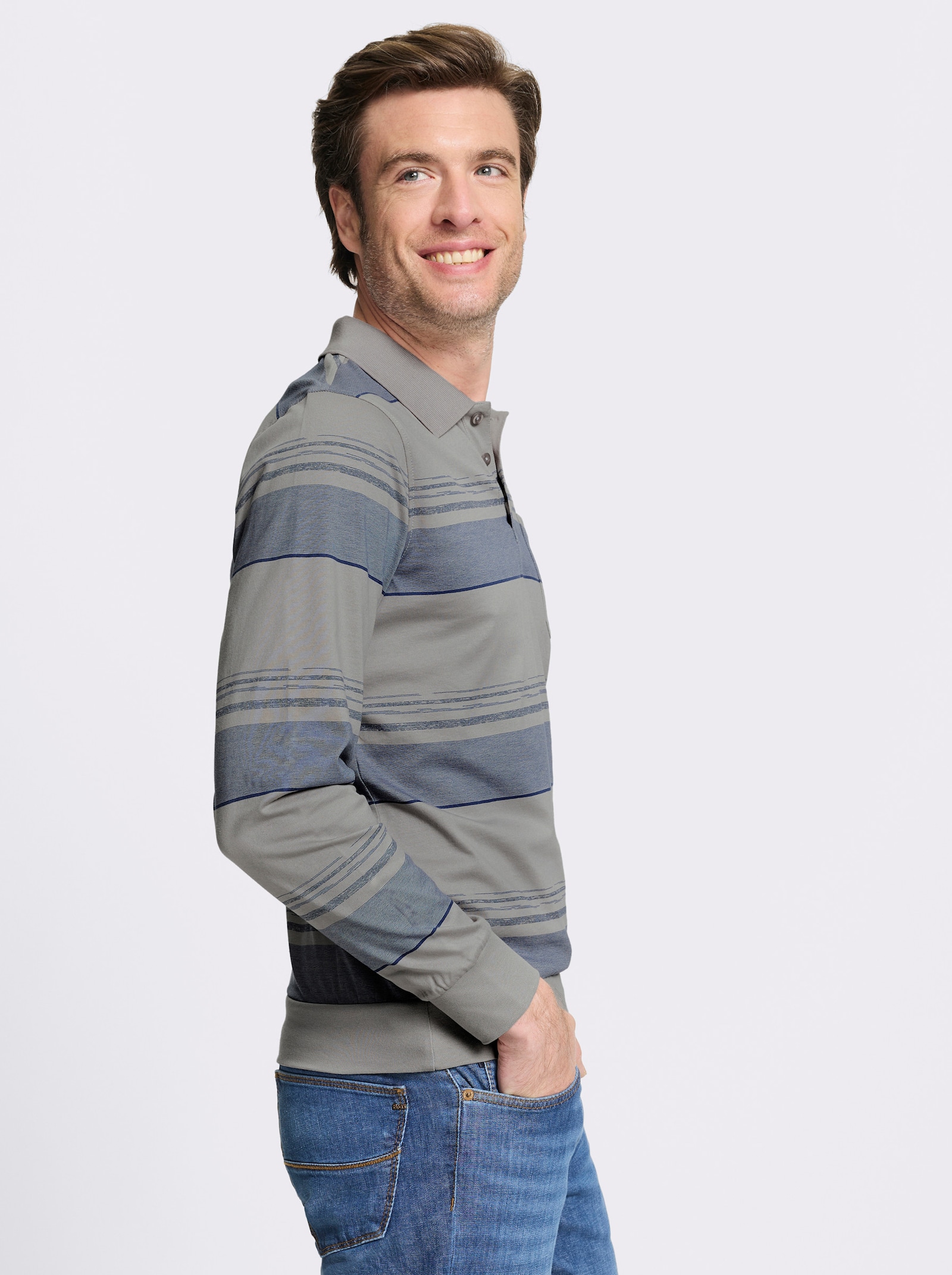 Marco Donati Langarm-Poloshirt mit Rippbündchen - steingrau-gemustert