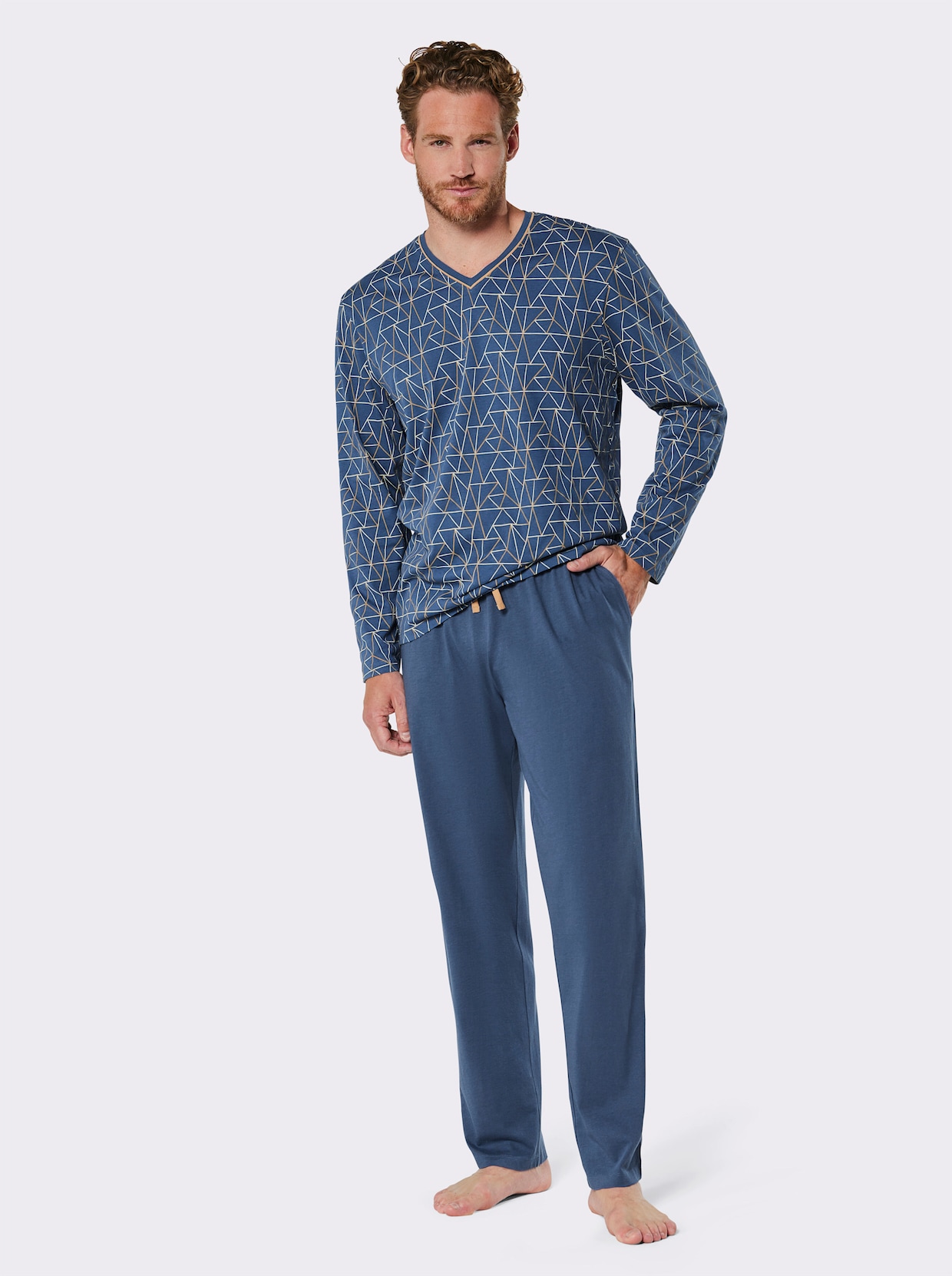 wäschepur men Pyjama's - jeansblauw bedrukt + camel