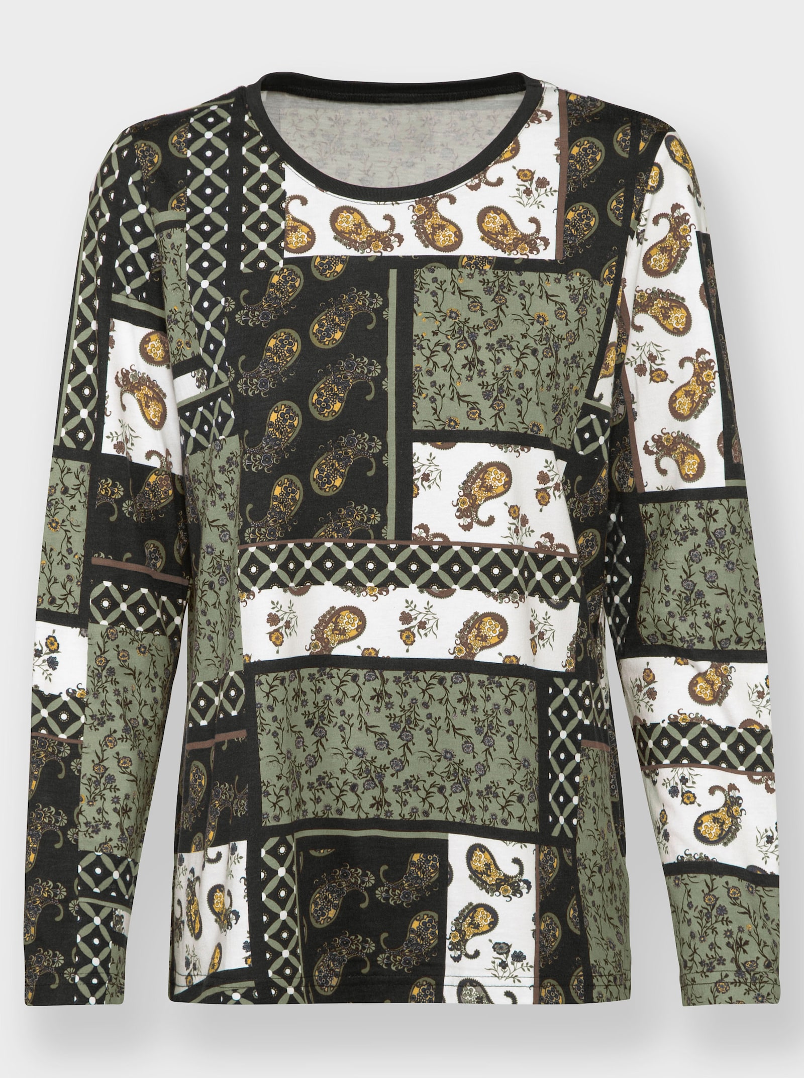 Shirt met lange mouwen in patchworkdessin - olijf geprint