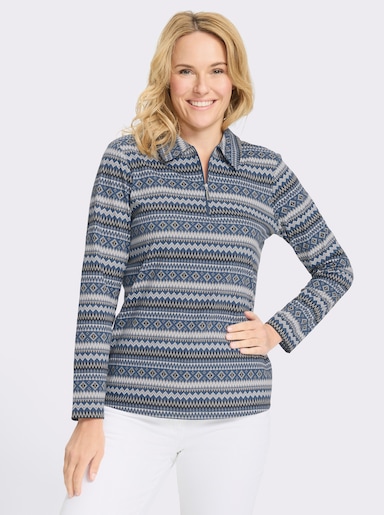 Langarmshirt mit Polokragen - jeansblau-ecru-bedruckt