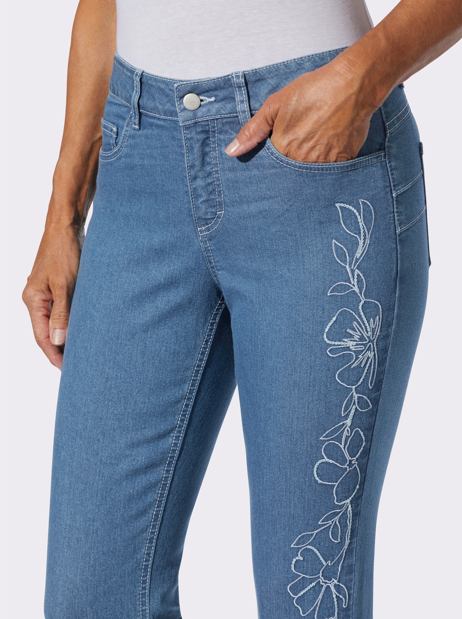 5-Pocket-Jeans mit Pailletten und Motivstickerei - blue-bleached